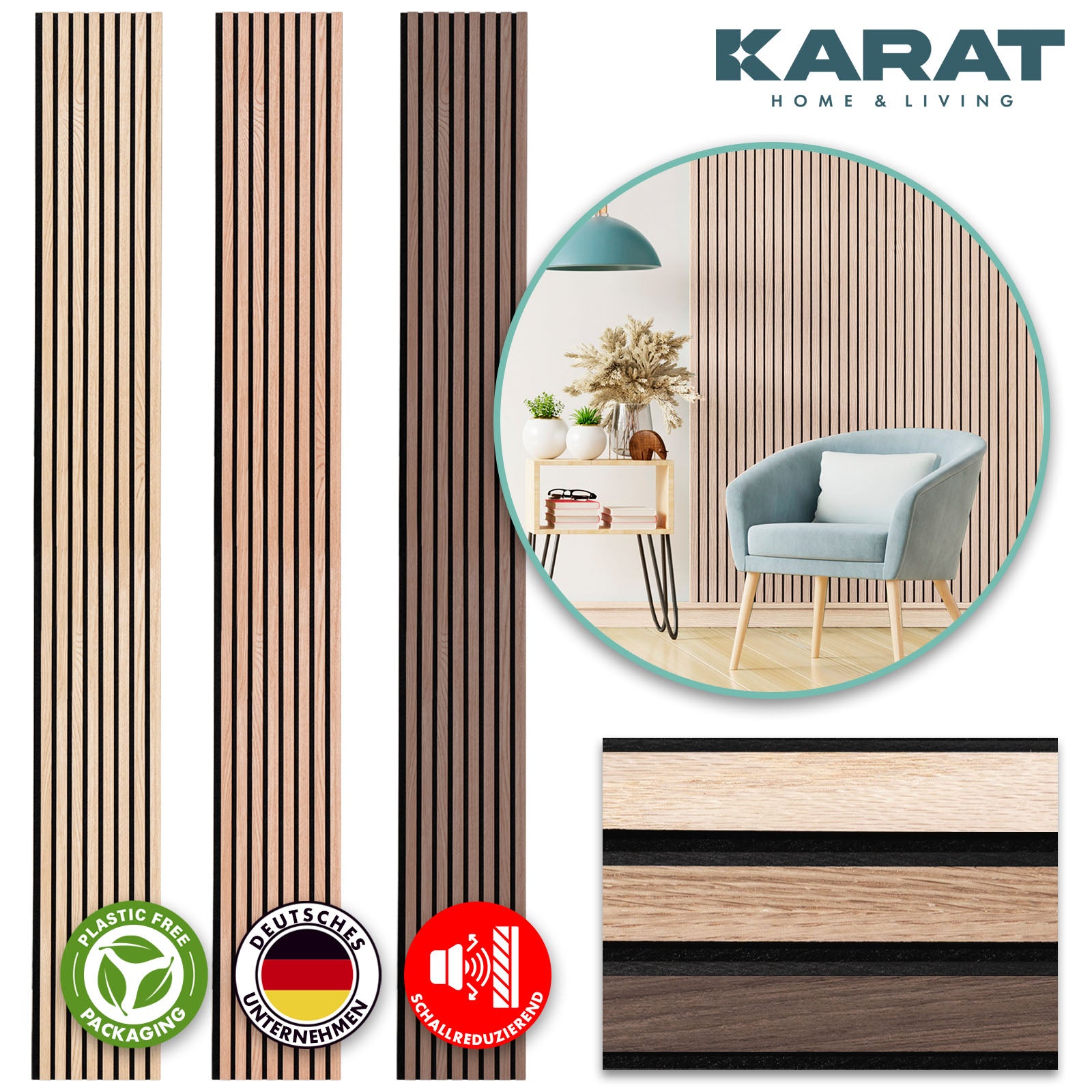 Akustikpaneele in Holzoptik | Zeitloses Design für eine angenehme Raumakustik | Erhältlich in 3 Designs und 2 Größen