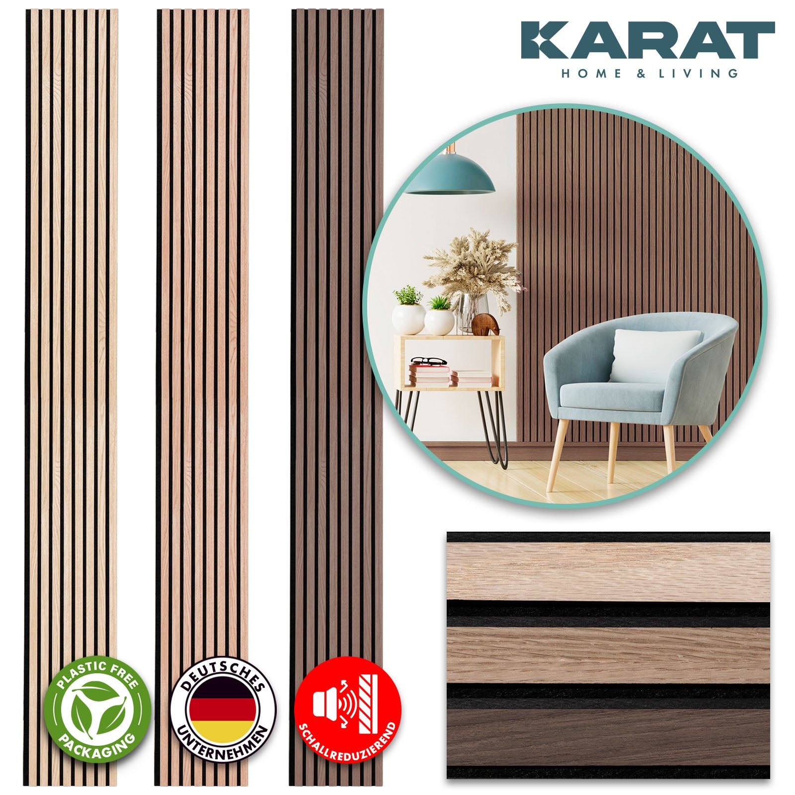 Akustikpaneele in Holzoptik | Zeitloses Design für eine angenehme Raumakustik | Erhältlich in 3 Designs und 2 Größen