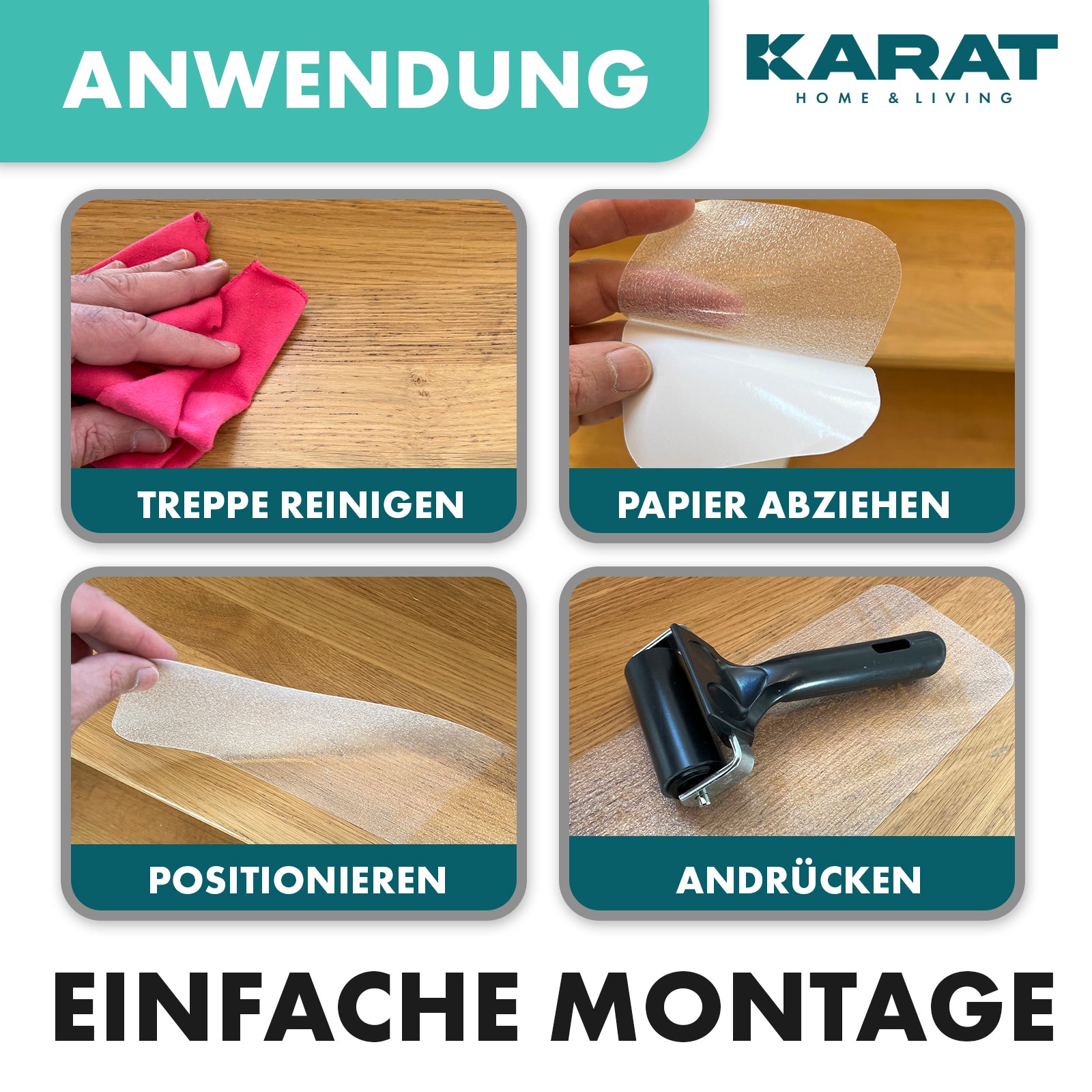 Antirutsch-Streifen für Treppen | Henri | Strukturierte Oberfläche | Selbstklebend | 15er Set inklusive Montageroller | Transparent | 10 x 60 cm