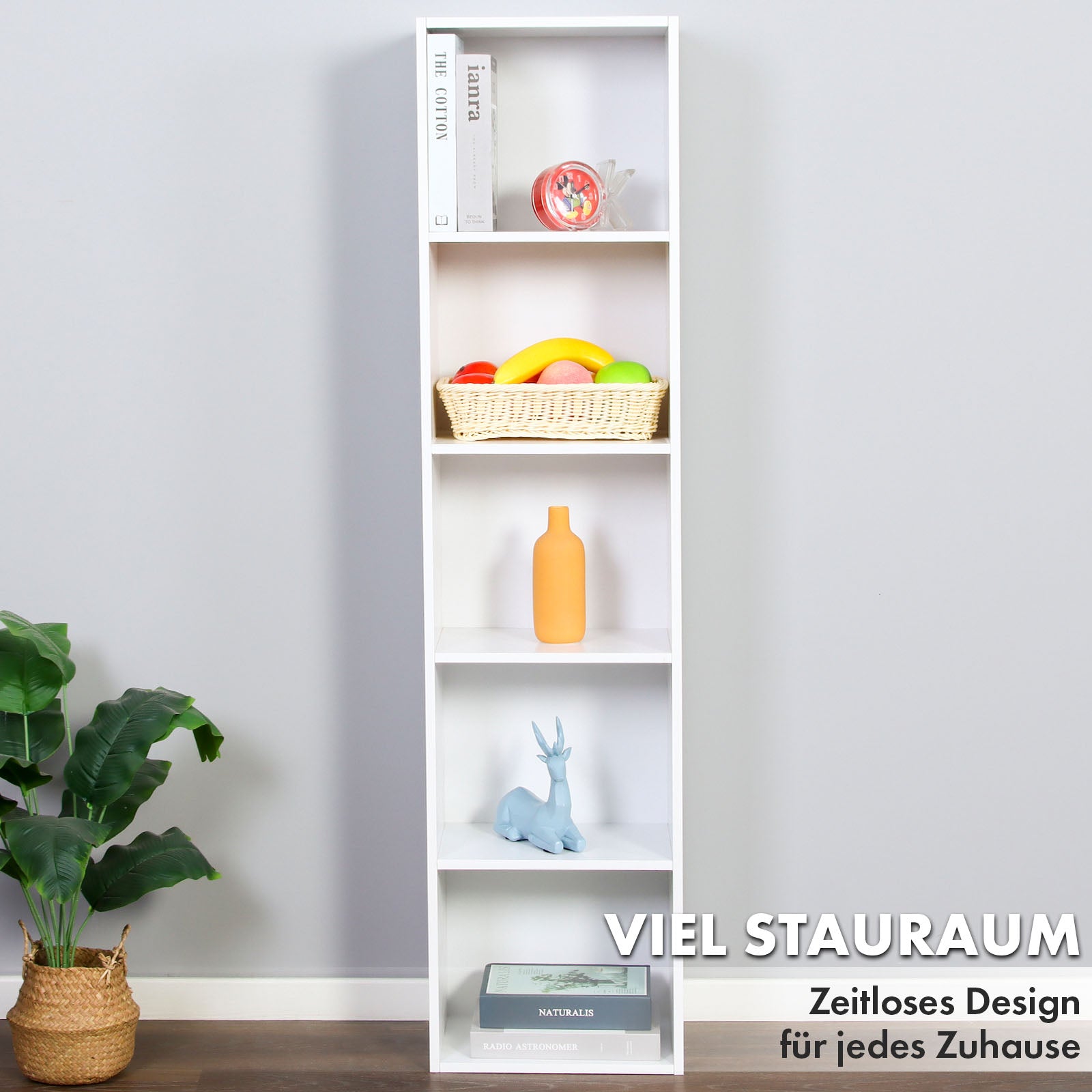 Bücherregal | Alaska | Weißer MDF-Bücherschrank mit 4 oder 5 Ebenen | schlank, modern & platzsparend