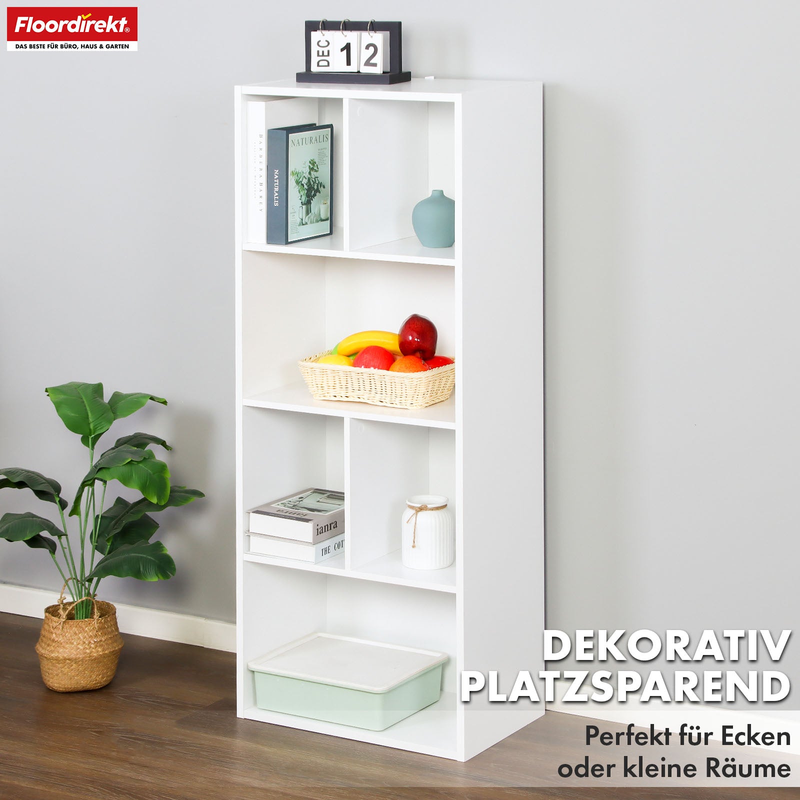 Bücherregal | California | Modernes, platzsparendes MDF-Regal mit Anti-Kipp-Sicherung in Weiß 4-8 offene Fächer
