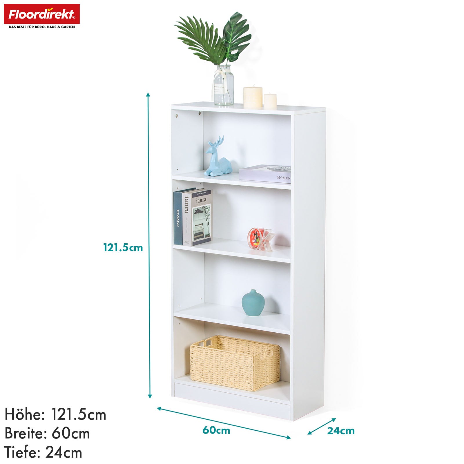 Bücherregal | Maine | Weißes Standregal aus Holz mit 3/4/6 Etagen | Offen & platzsparend für Wohnzimmer, Büro & mehr