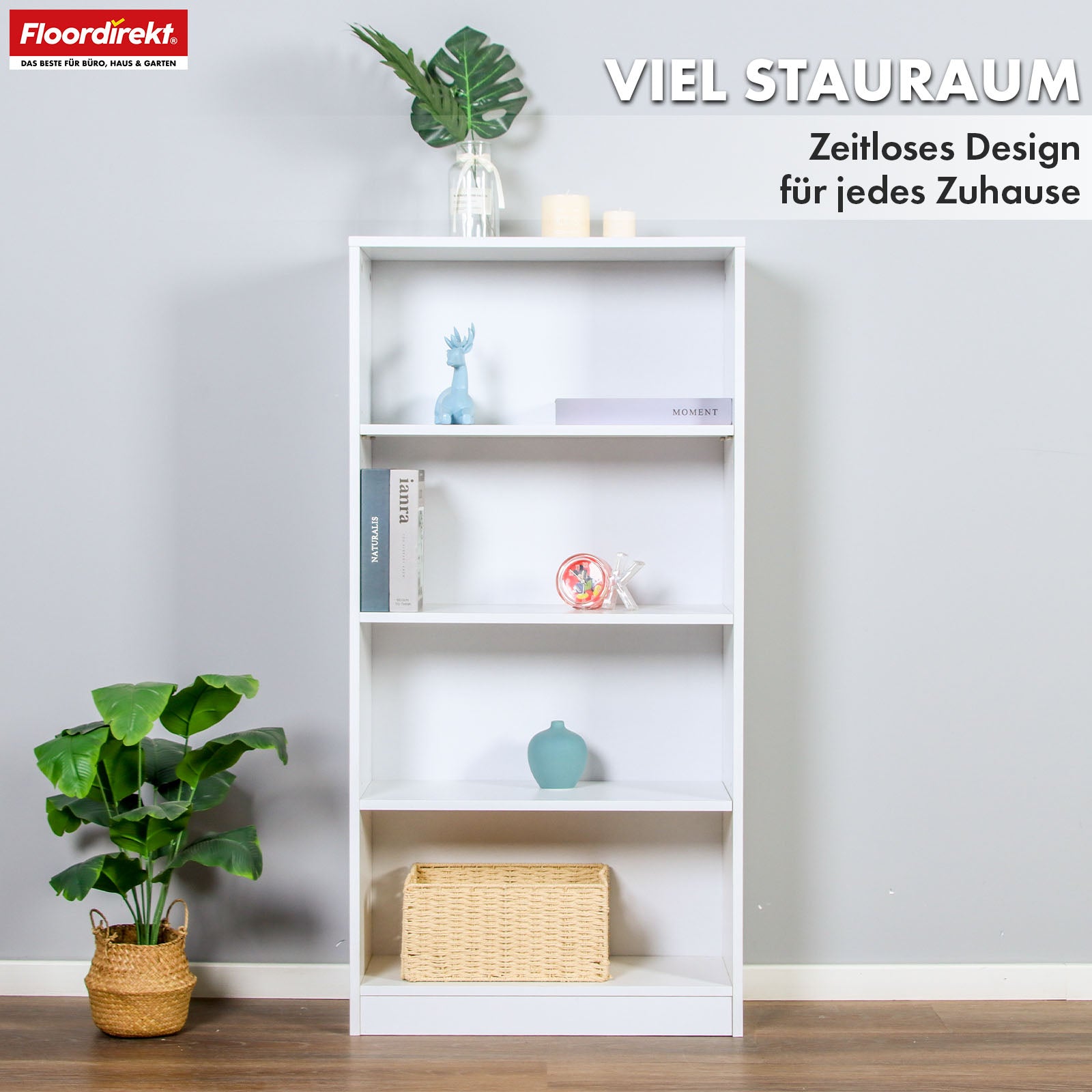 Bücherregal | Maine | Weißes Standregal aus Holz mit 3/4/6 Etagen | Offen & platzsparend für Wohnzimmer, Büro & mehr