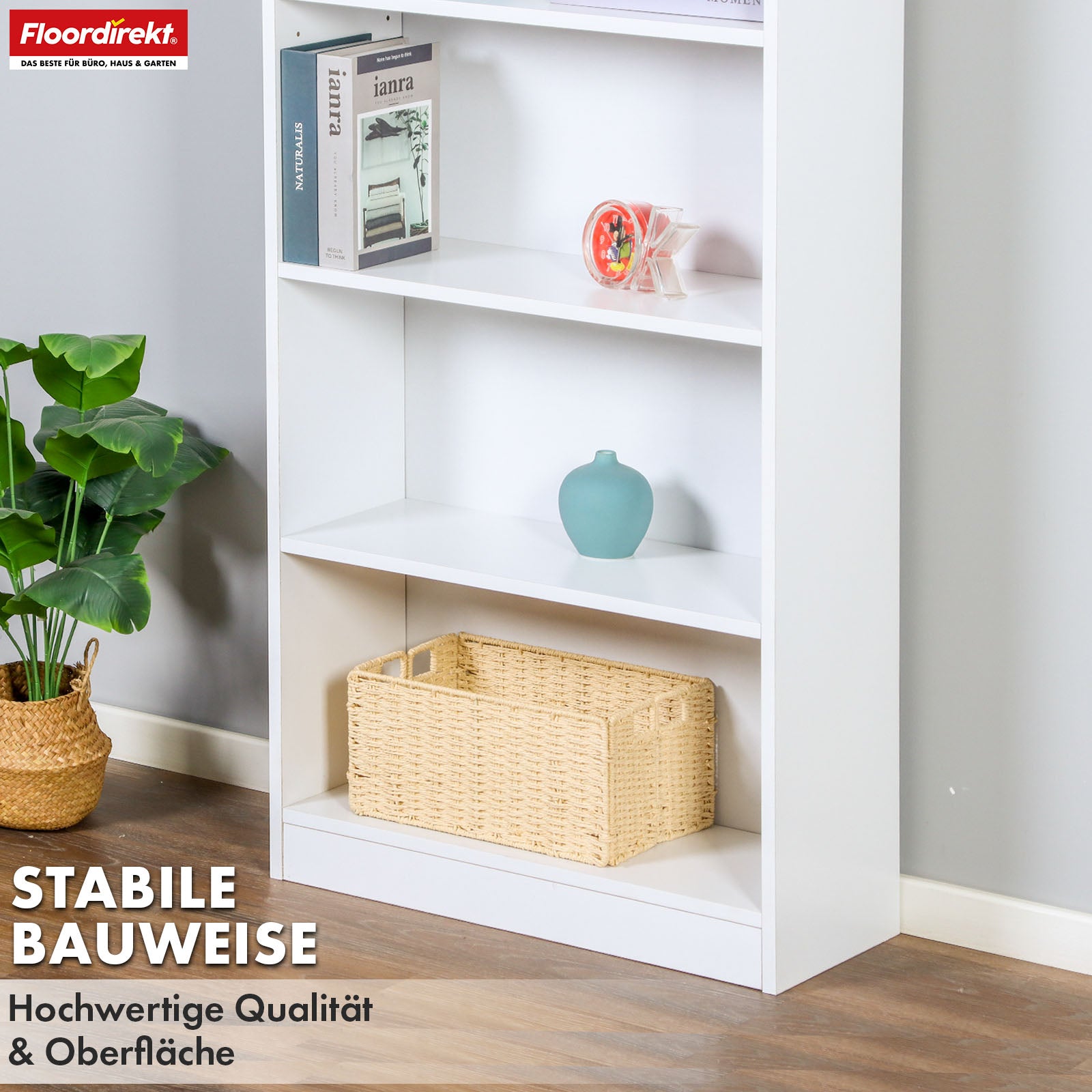 Bücherregal | Maine | Weißes Standregal aus Holz mit 3/4/6 Etagen | Offen & platzsparend für Wohnzimmer, Büro & mehr