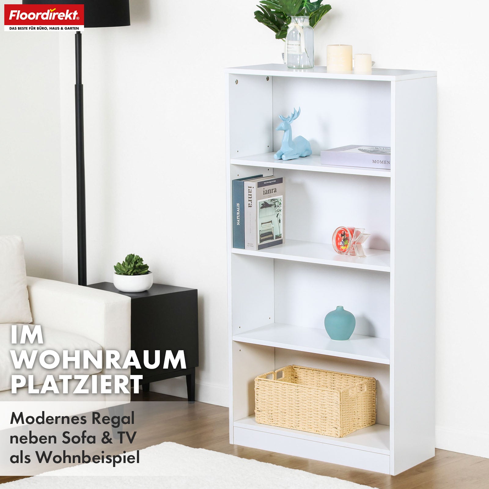 Bücherregal | Maine | Weißes Standregal aus Holz mit 3/4/6 Etagen | Offen & platzsparend für Wohnzimmer, Büro & mehr