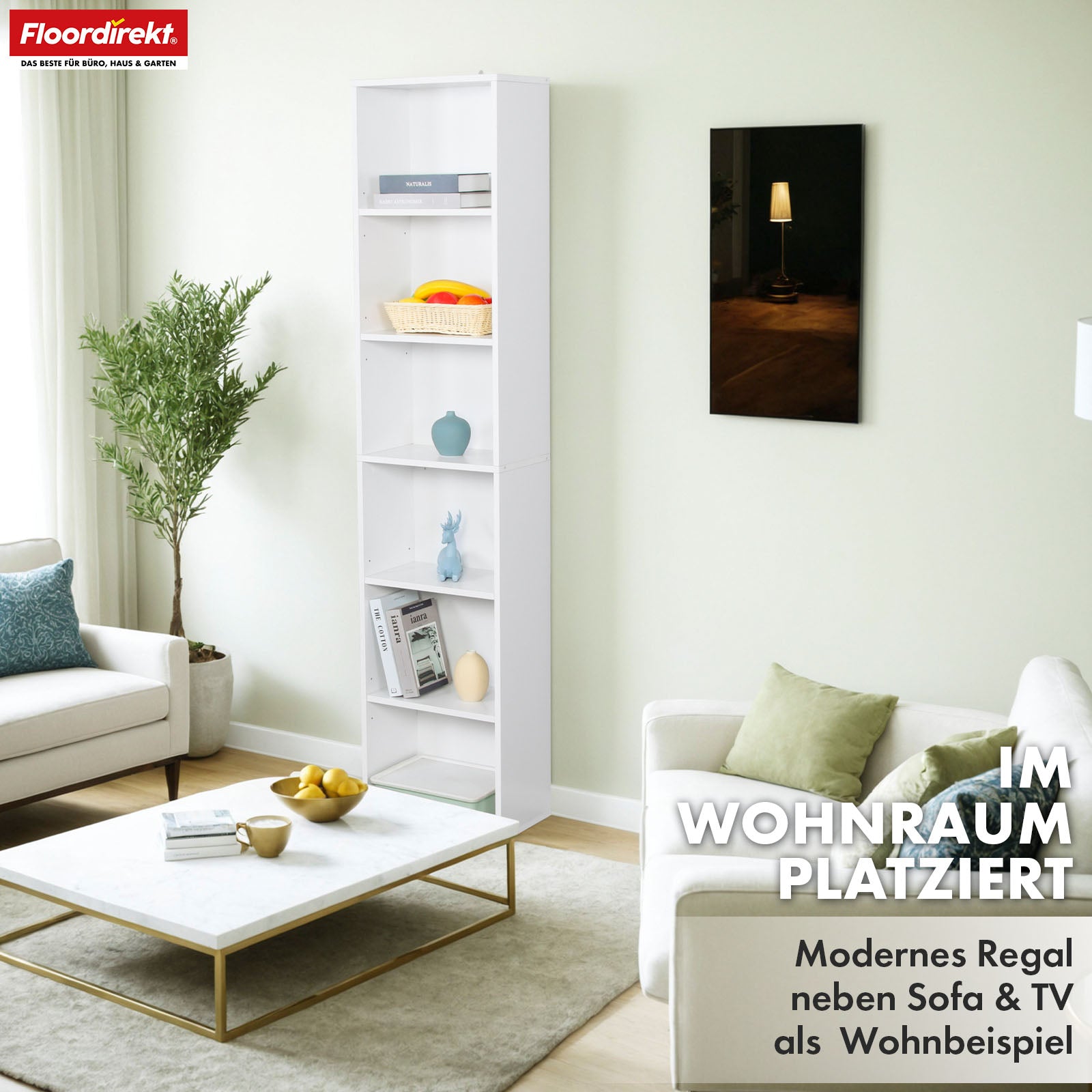 Bücherregal | Maine | Weißes Standregal aus Holz mit 3/4/6 Etagen | Offen & platzsparend für Wohnzimmer, Büro & mehr