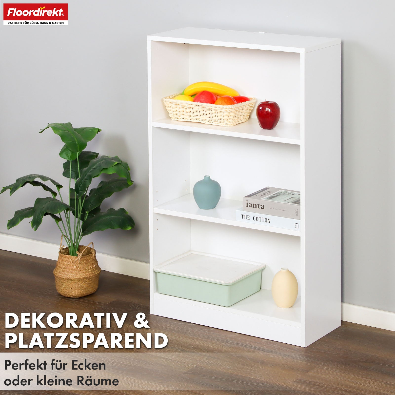 Bücherregal | Maine | Weißes Standregal aus Holz mit 3/4/6 Etagen | Offen & platzsparend für Wohnzimmer, Büro & mehr