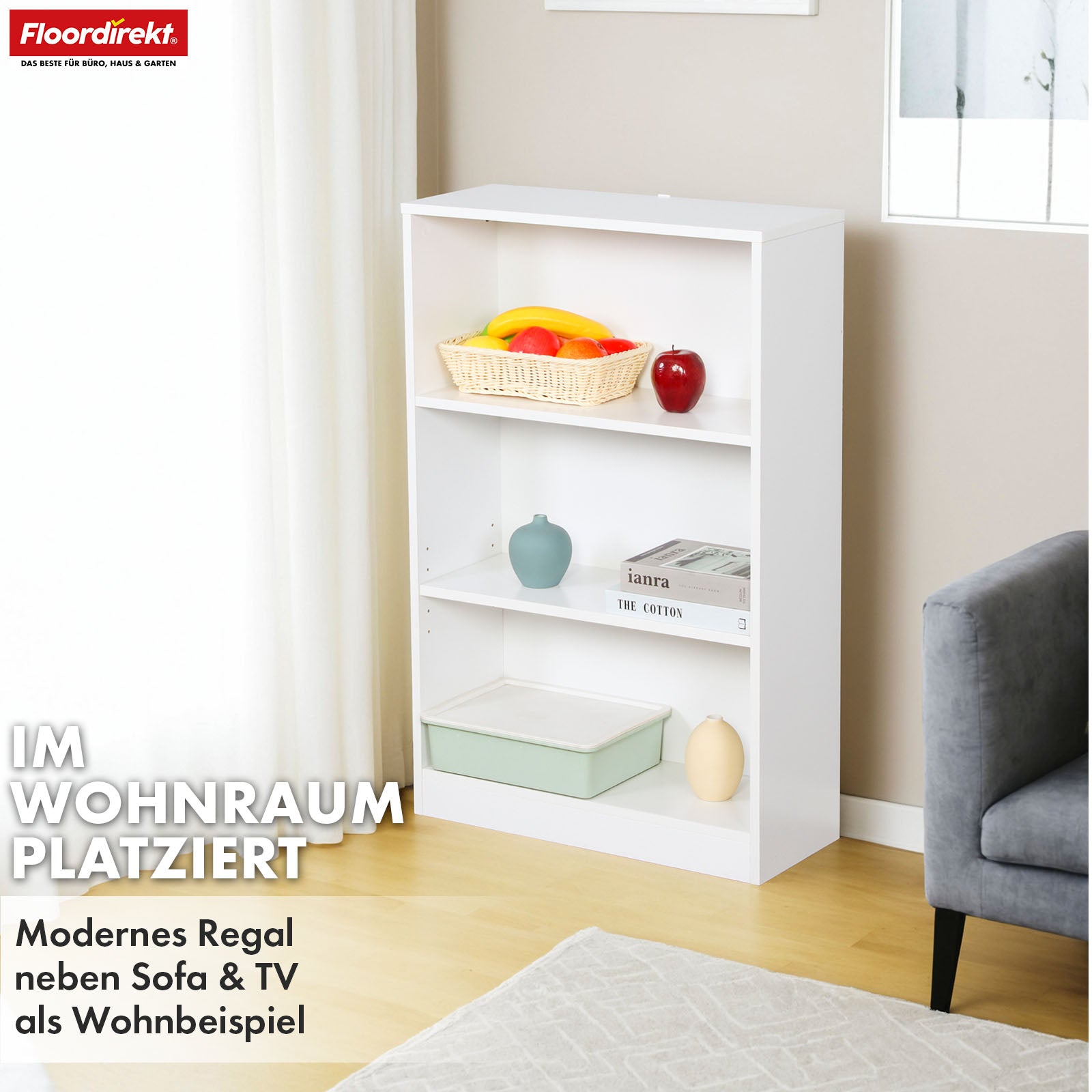 Bücherregal | Maine | Weißes Standregal aus Holz mit 3/4/6 Etagen | Offen & platzsparend für Wohnzimmer, Büro & mehr