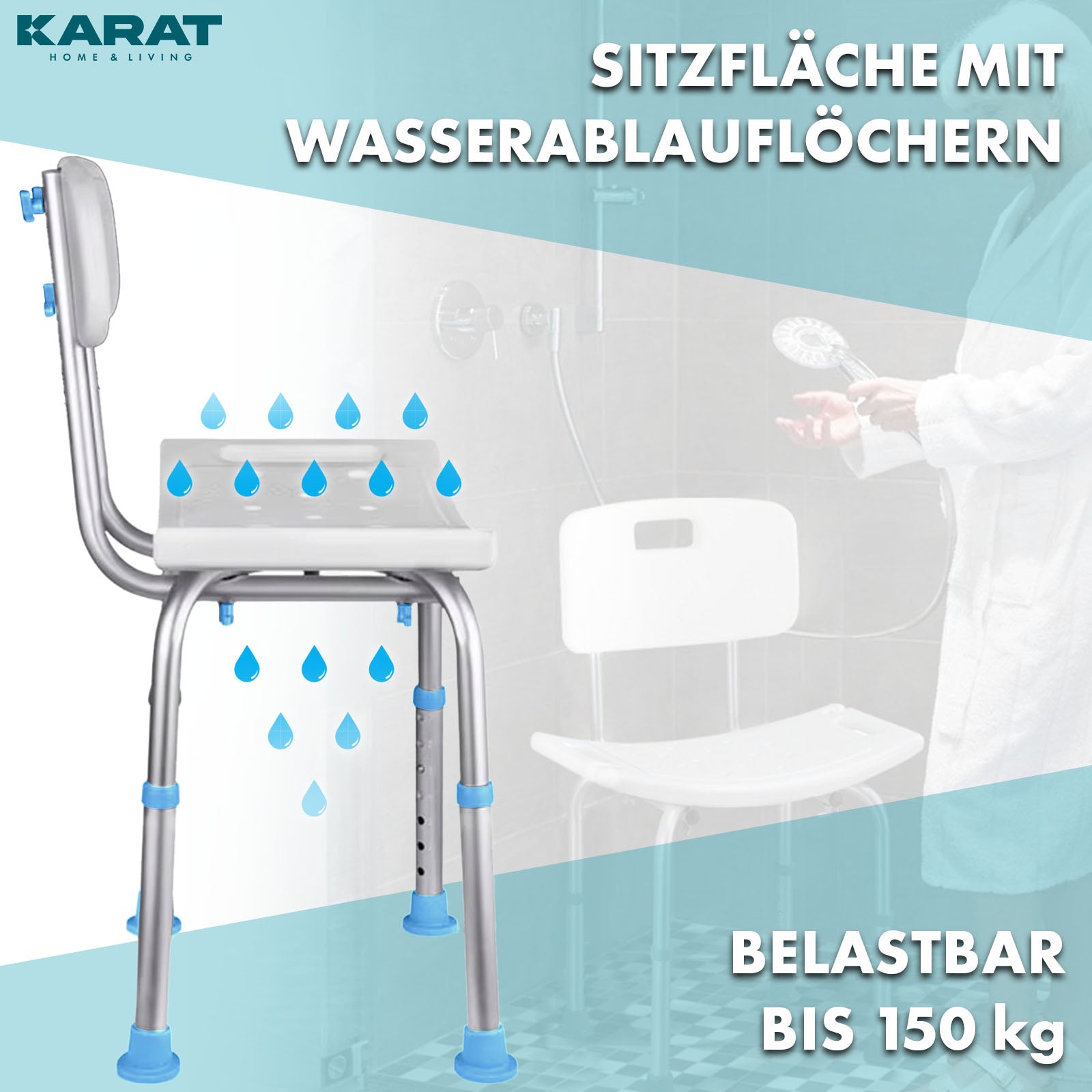 Duschhocker | Jonah | Höhenverstellbar mit Rückenlehne | Ergonomischer Badestuhl für Bad & Dusche, rutschfest & stabil, belastbar bis 150 kg