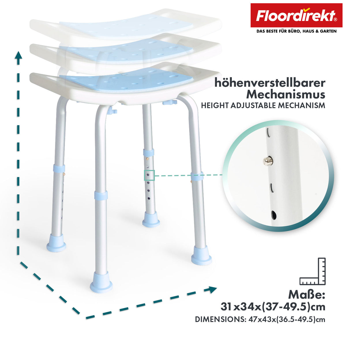 Dusch- und Badhocker | Nora | Höhenverstellbarer, rutschfester und langlebiger Sitz für Bad und Dusche