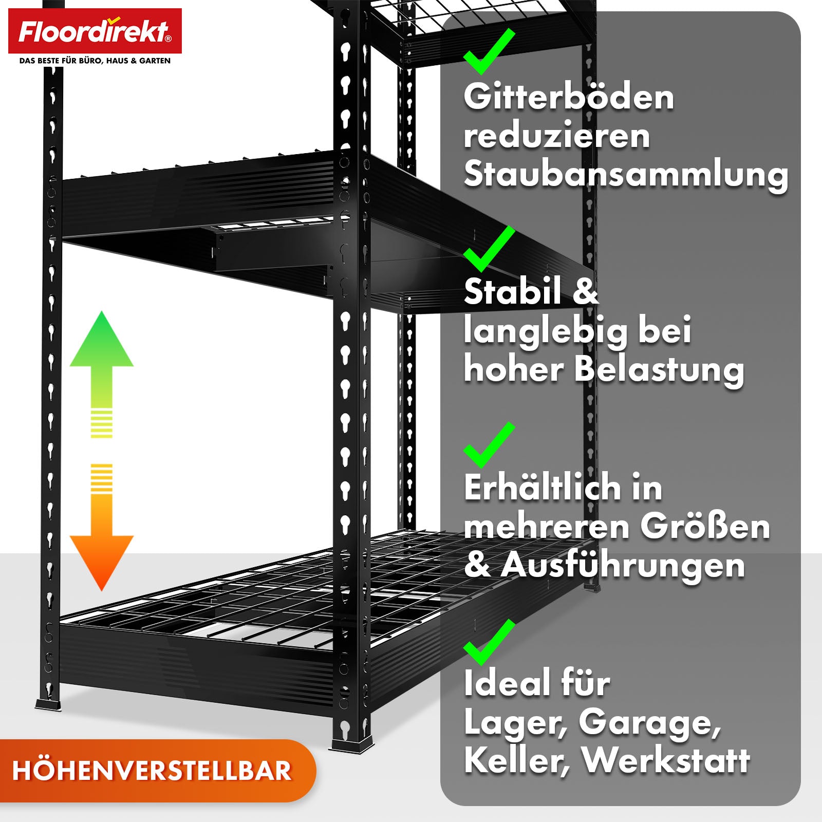 Schwerlastregal | Yukon Rivet | Stahlregal mit Gitterböden | 250–350 kg Tragkraft je Etage | Verschiedene Größen & Farben