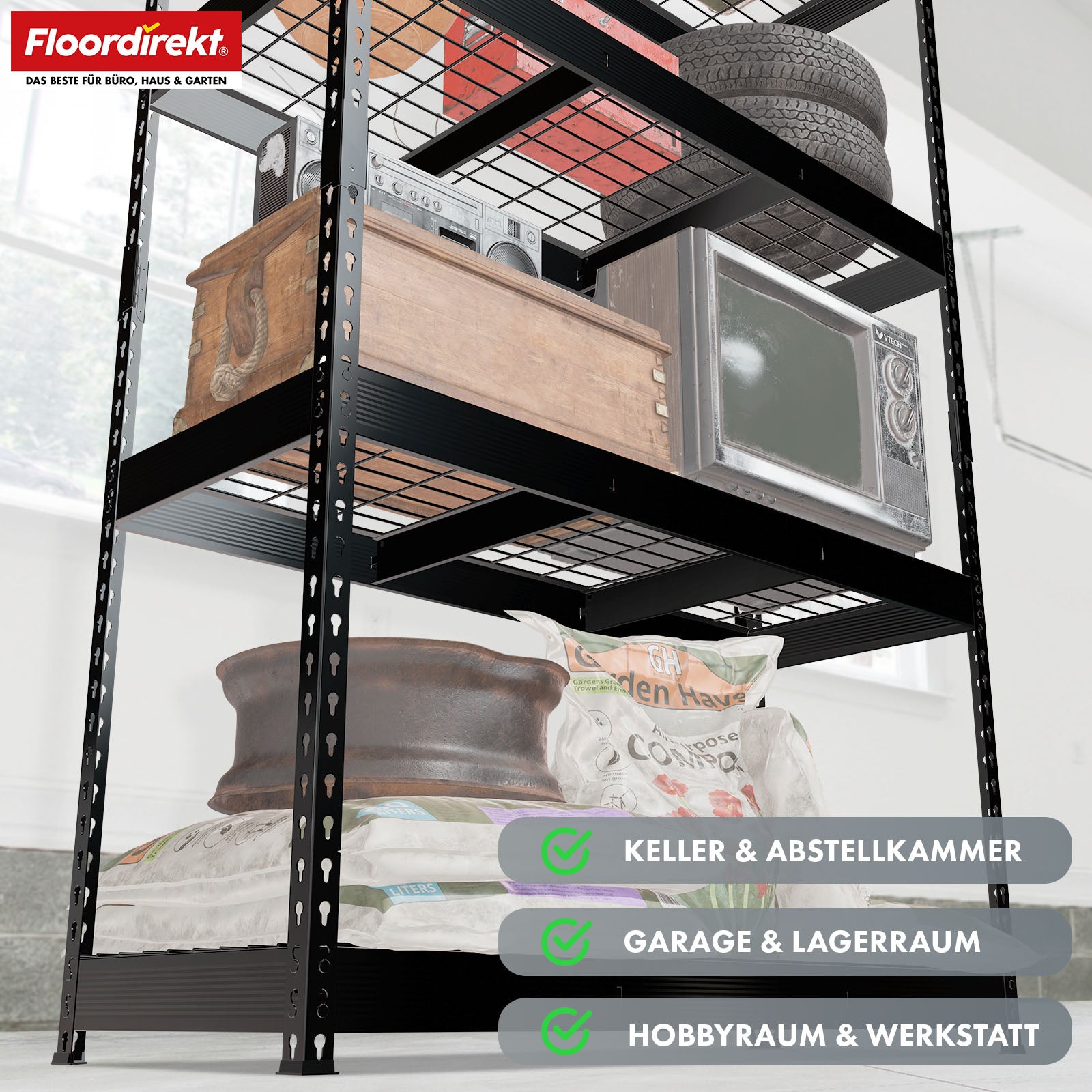 Schwerlastregal | Yukon Rivet | Stahlregal mit Gitterböden | 250–350 kg Tragkraft je Etage | Verschiedene Größen & Farben