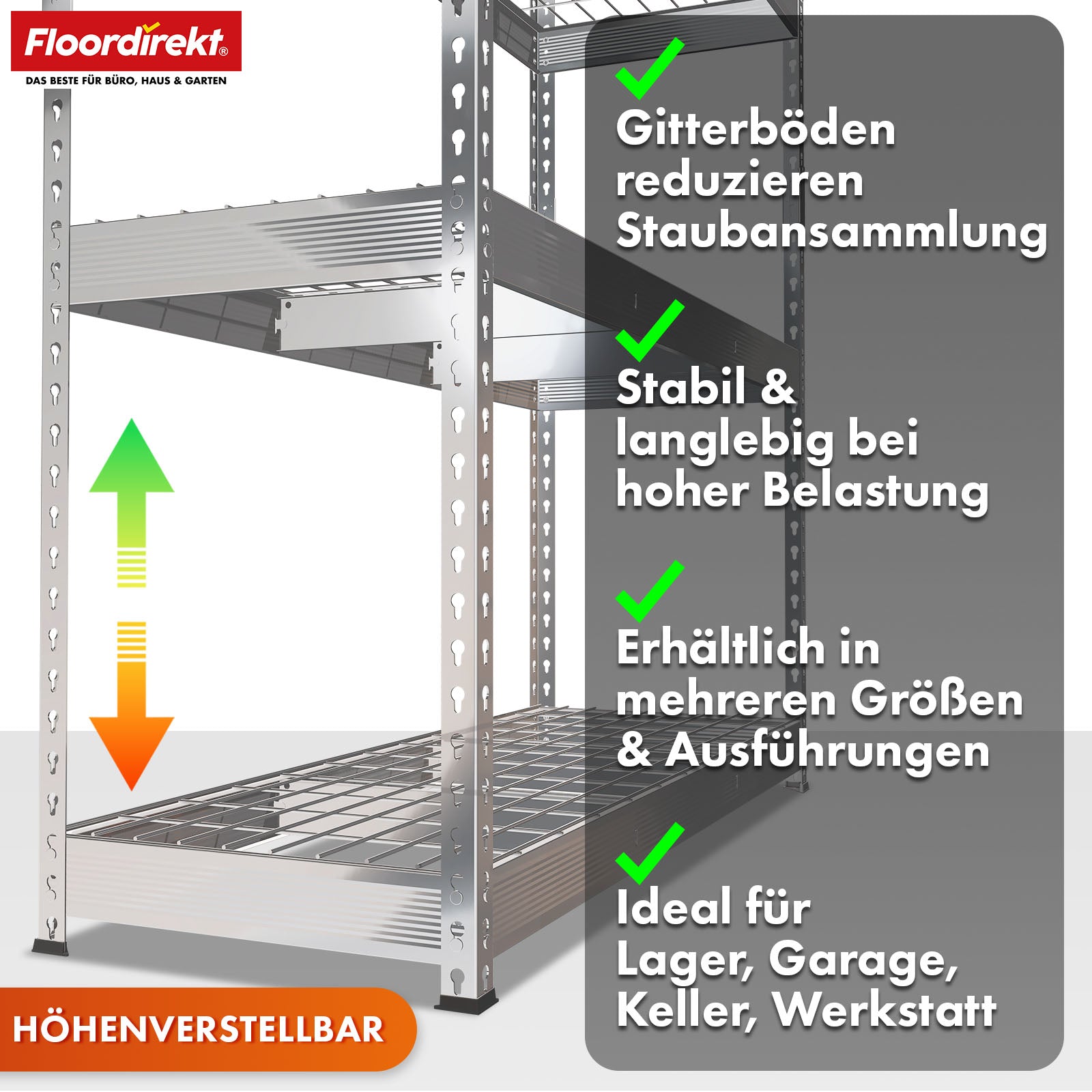 Schwerlastregal | Yukon Rivet | Stahlregal mit Gitterböden | 250–350 kg Tragkraft je Etage | Verschiedene Größen & Farben