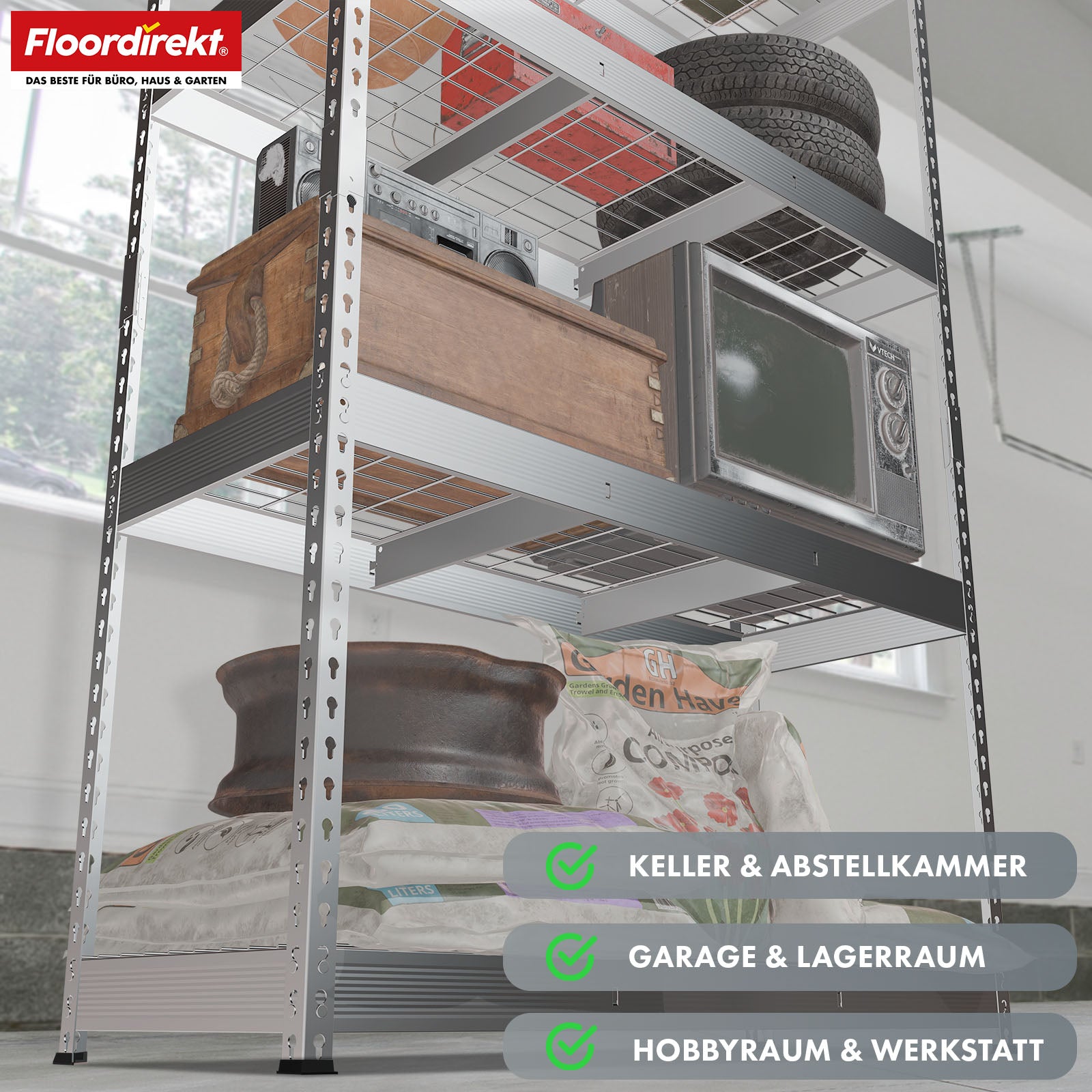 Schwerlastregal | Yukon Rivet | Stahlregal mit Gitterböden | 250–350 kg Tragkraft je Etage | Verschiedene Größen & Farben