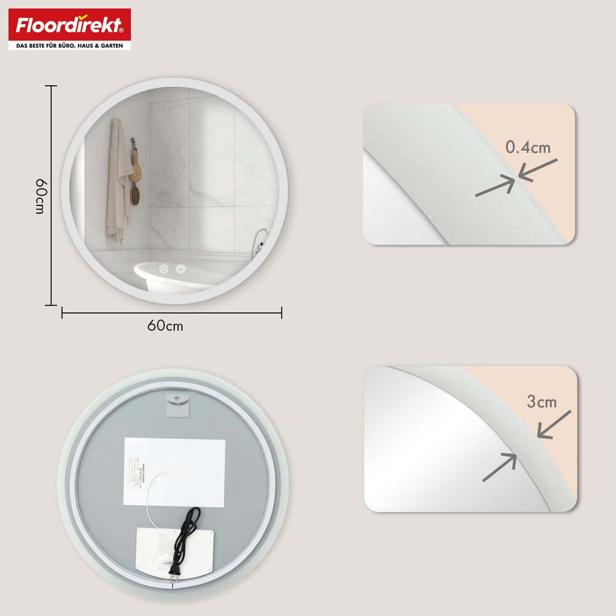 Badspiegel mit LED Beleuchtung | Liora | Touch-Bedienung mit Antibeschlag & 3 wählbare Lichtfarben | In verschiedenen Größen erhältlich