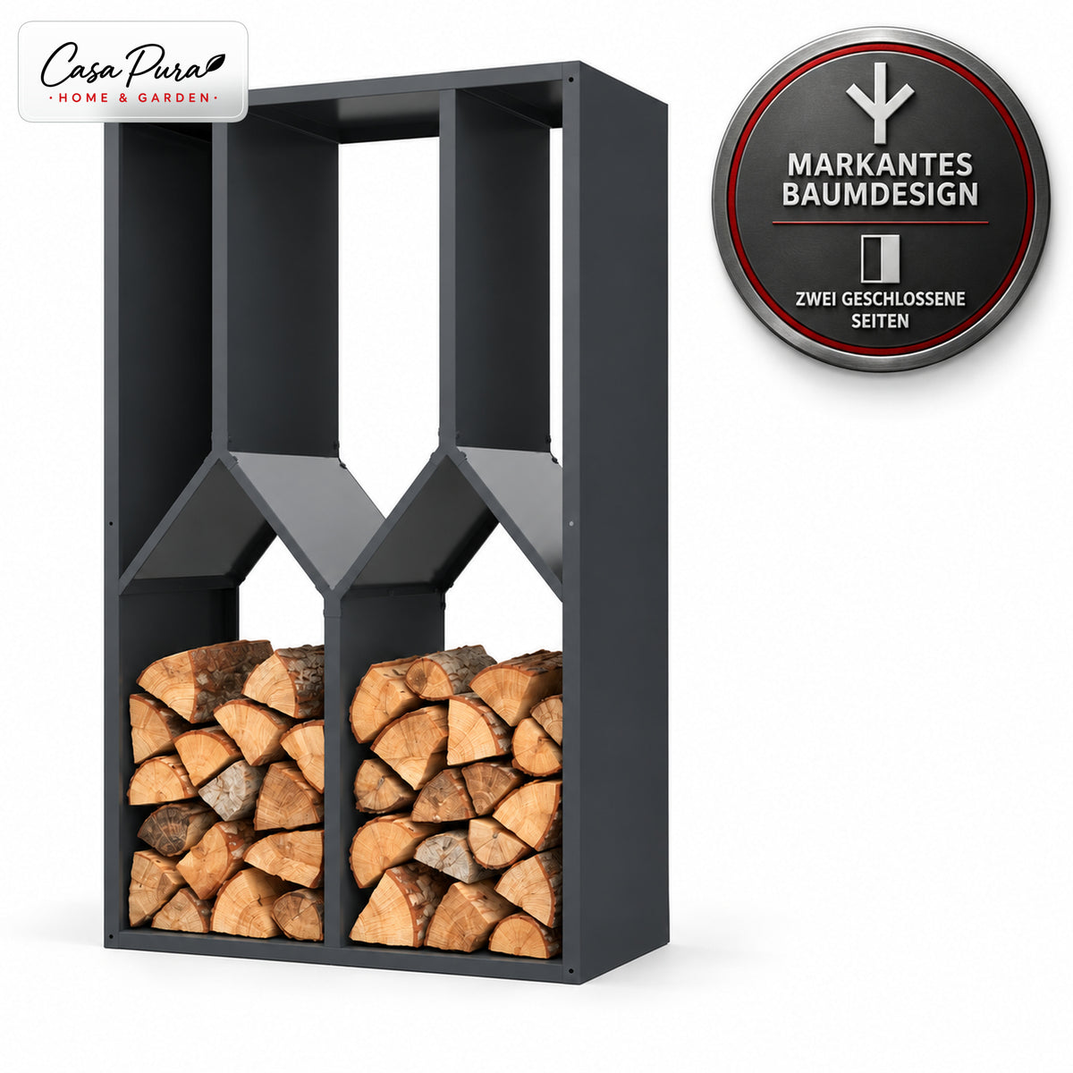 Kaminholzregal | Nikos | Brennholzregal aus verzinktem Stahl | Baumdesign | 95 × 50 × 160 cm