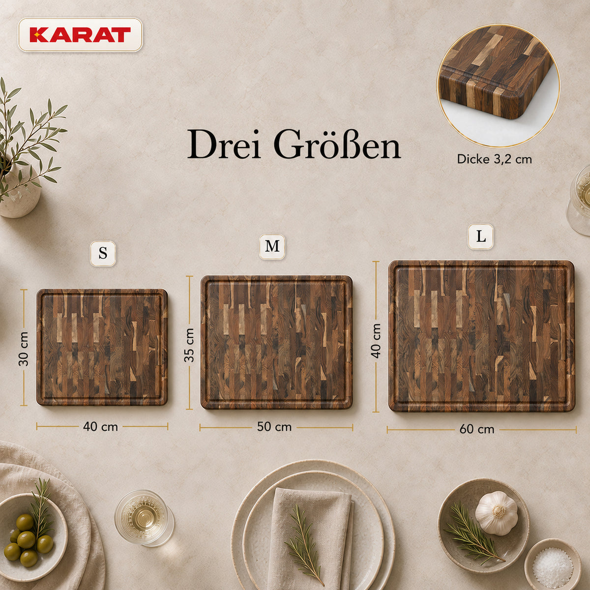 Schneidebrett | Teak Royal Endgrain | Massives Teakholz mit Saftrille & Griffmulden | 3 Größen