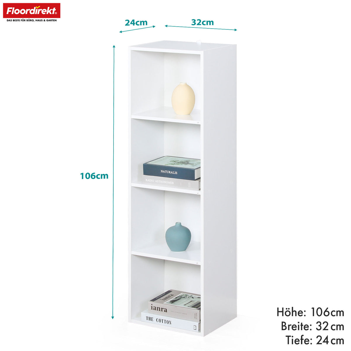 Bücherregal | Alaska | Weißer MDF-Bücherschrank mit 4 oder 5 Ebenen | schlank, modern & platzsparend