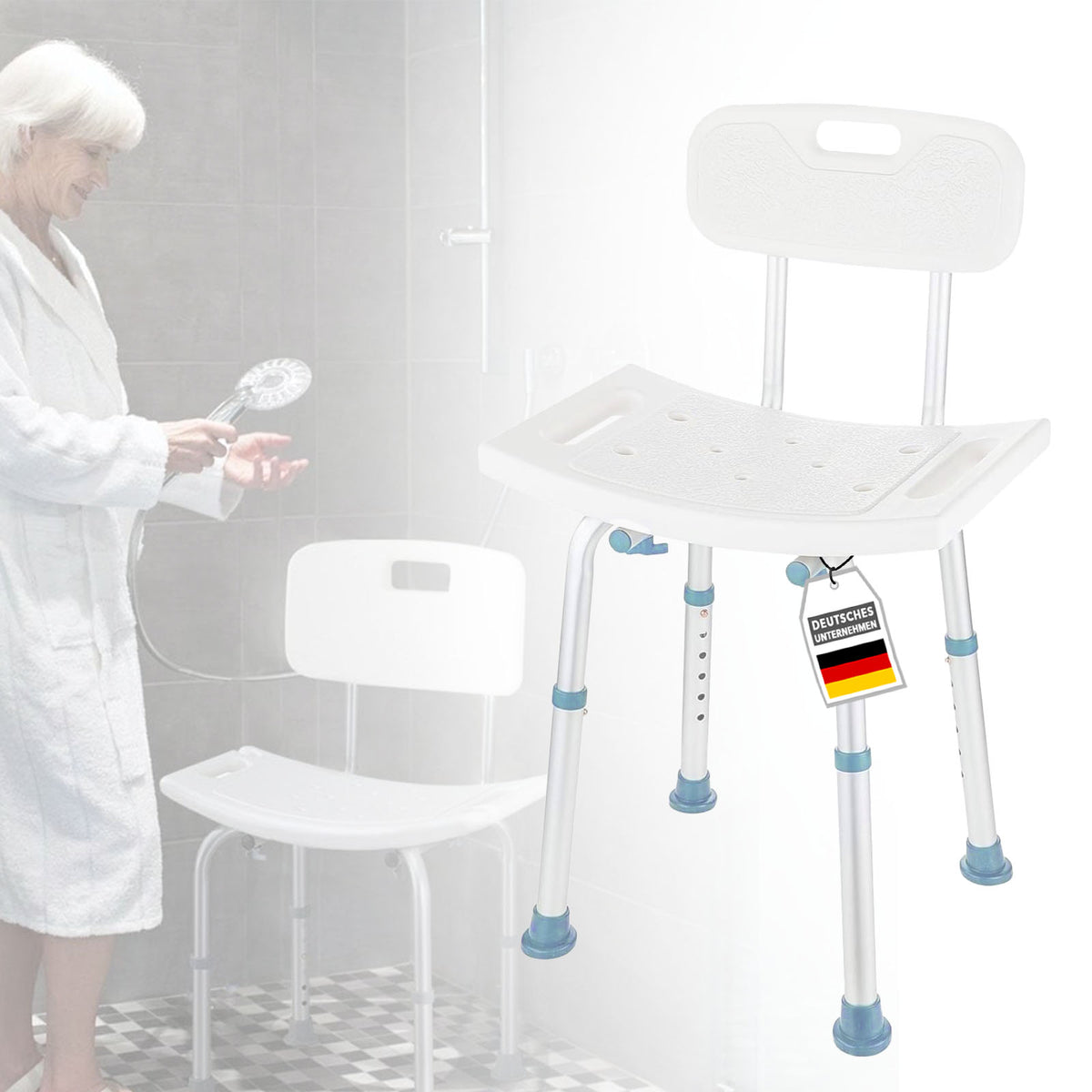 Duschhocker | Jonah | Höhenverstellbar mit Rückenlehne | Ergonomischer Badestuhl für Bad & Dusche, rutschfest & stabil, belastbar bis 150 kg