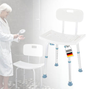 Duschhocker | Jonah | Höhenverstellbar mit Rückenlehne | Ergonomischer Badestuhl für Bad & Dusche, rutschfest & stabil, belastbar bis 150 kg