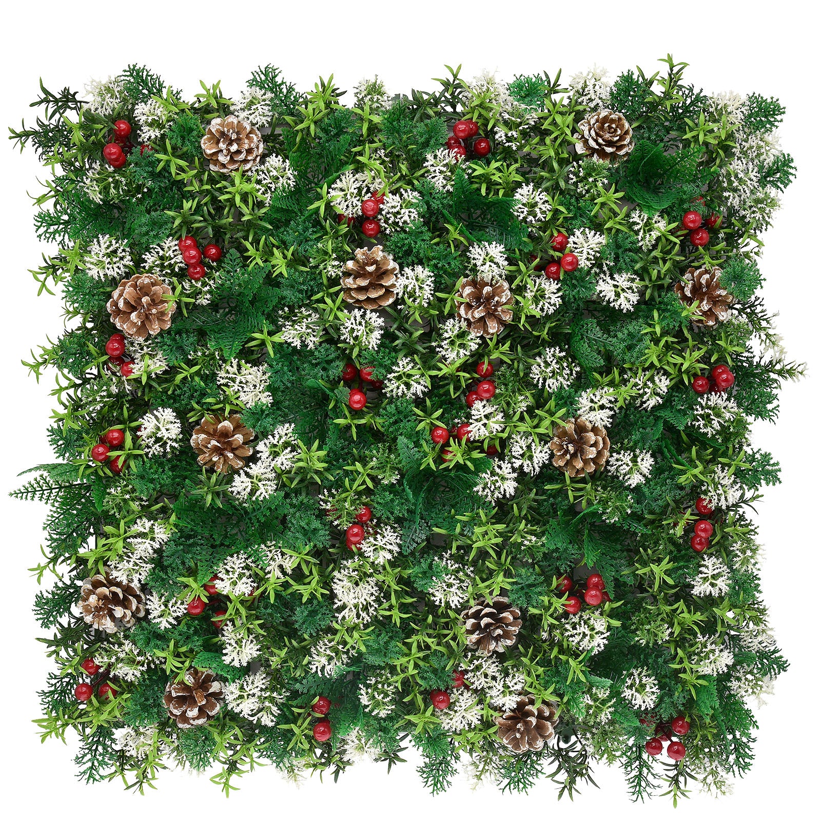 Pflanzenwand | Festive | Weihnachtliche Deko mit roten Beeren, Tannenzapfen & grünen Akzenten | 50 x 50 cm