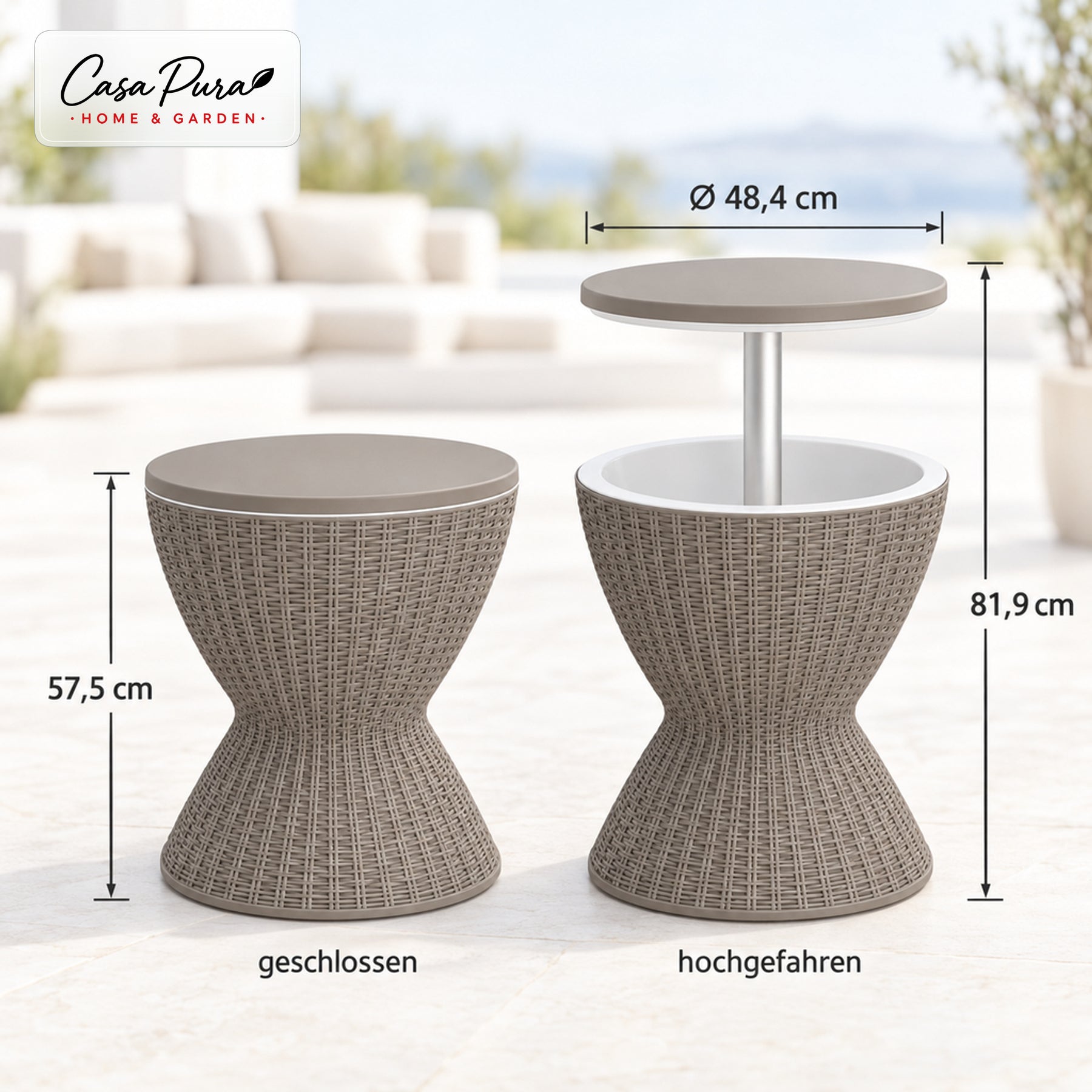 Getränkekühler Tisch | Capri | Höhenverstellbarer Gartentisch mit 30 L Kühlfach in Rattan-Optik | 2 Farben