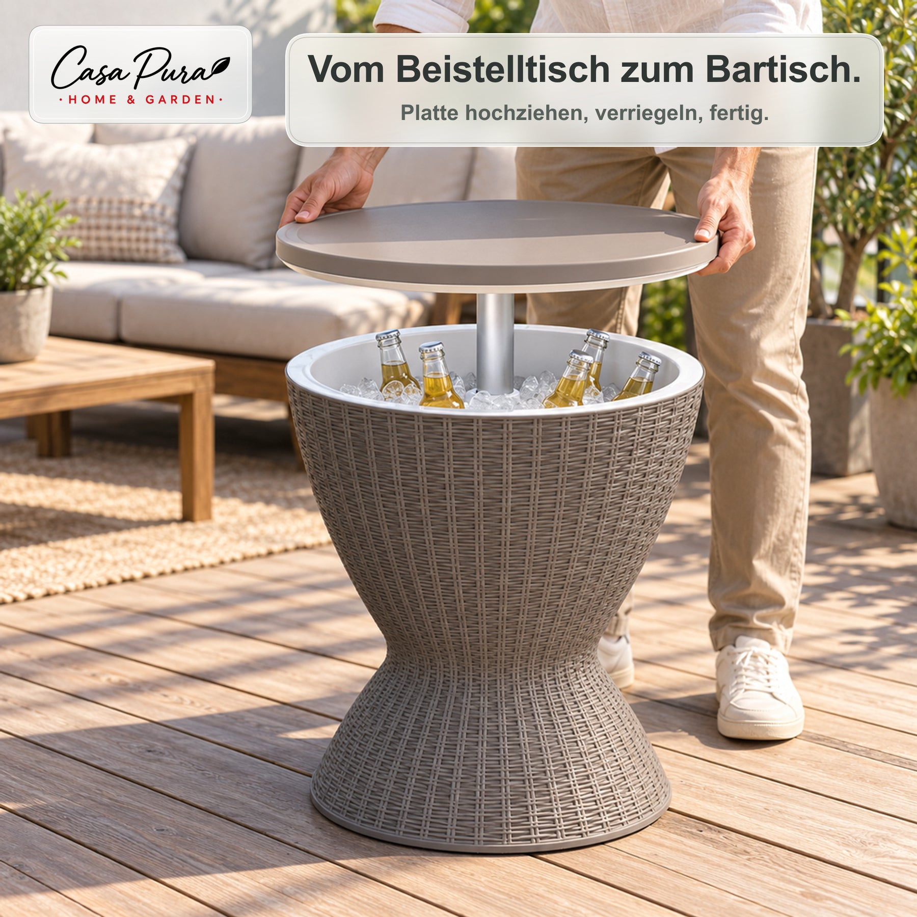 Getränkekühler Tisch | Capri | Höhenverstellbarer Gartentisch mit 30 L Kühlfach in Rattan-Optik | 2 Farben