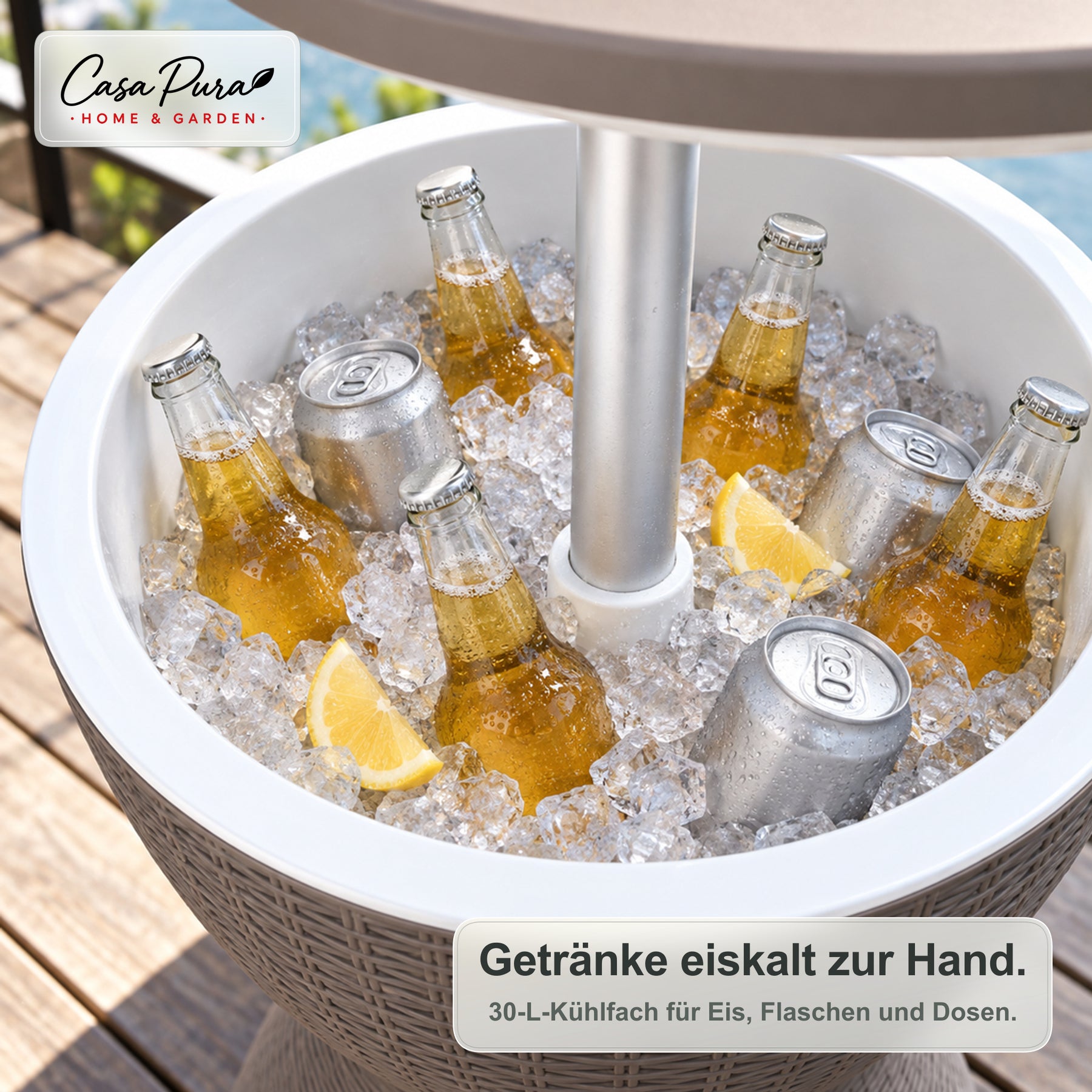 Getränkekühler Tisch | Capri | Höhenverstellbarer Gartentisch mit 30 L Kühlfach in Rattan-Optik | 2 Farben