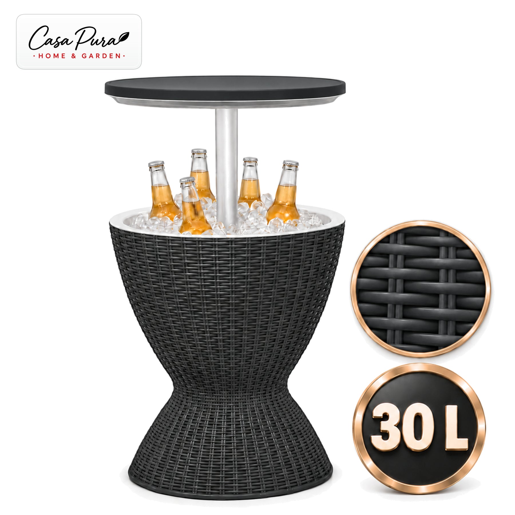 Getränkekühler Tisch | Capri | Höhenverstellbarer Gartentisch mit 30 L Kühlfach in Rattan-Optik | 2 Farben