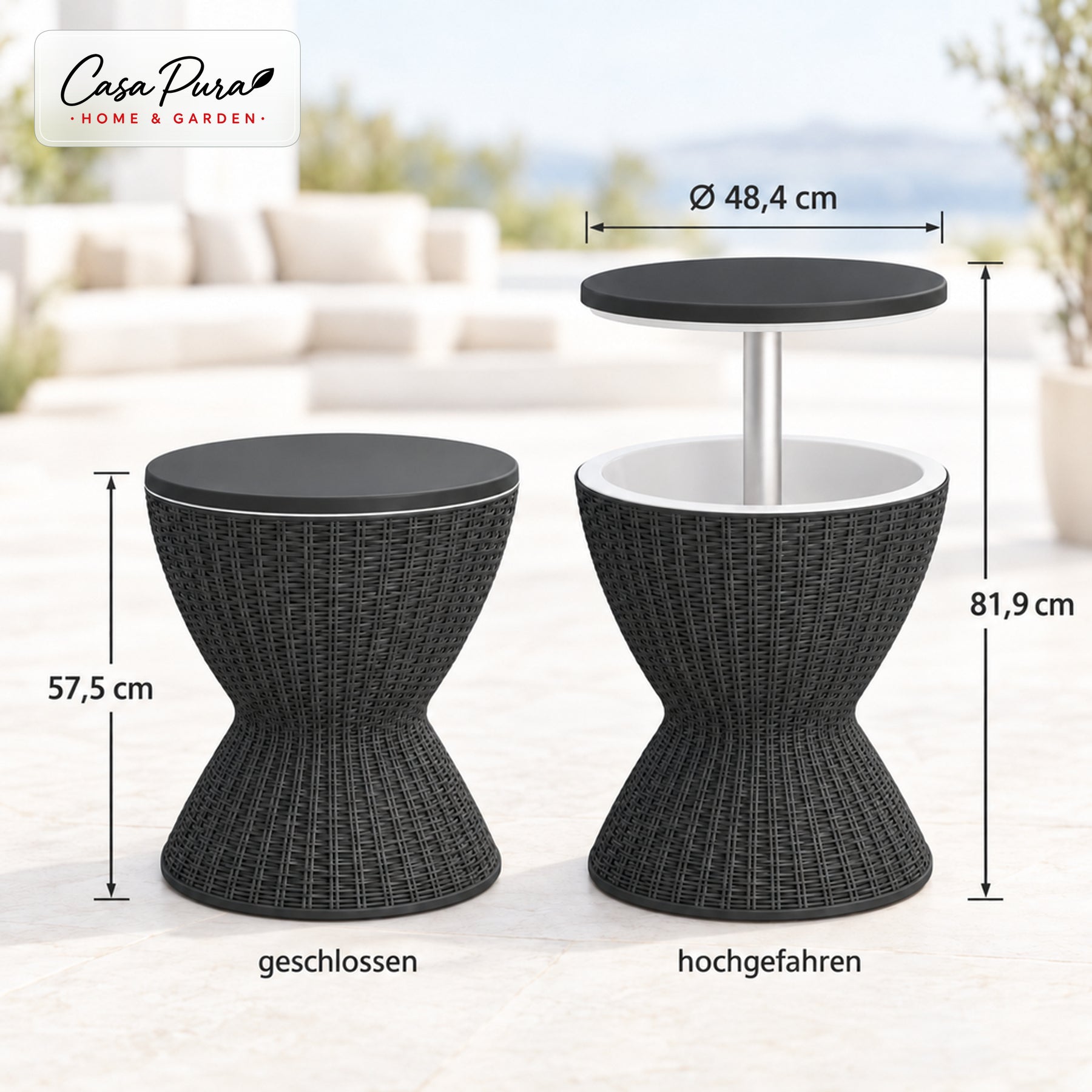 Getränkekühler Tisch | Capri | Höhenverstellbarer Gartentisch mit 30 L Kühlfach in Rattan-Optik | 2 Farben