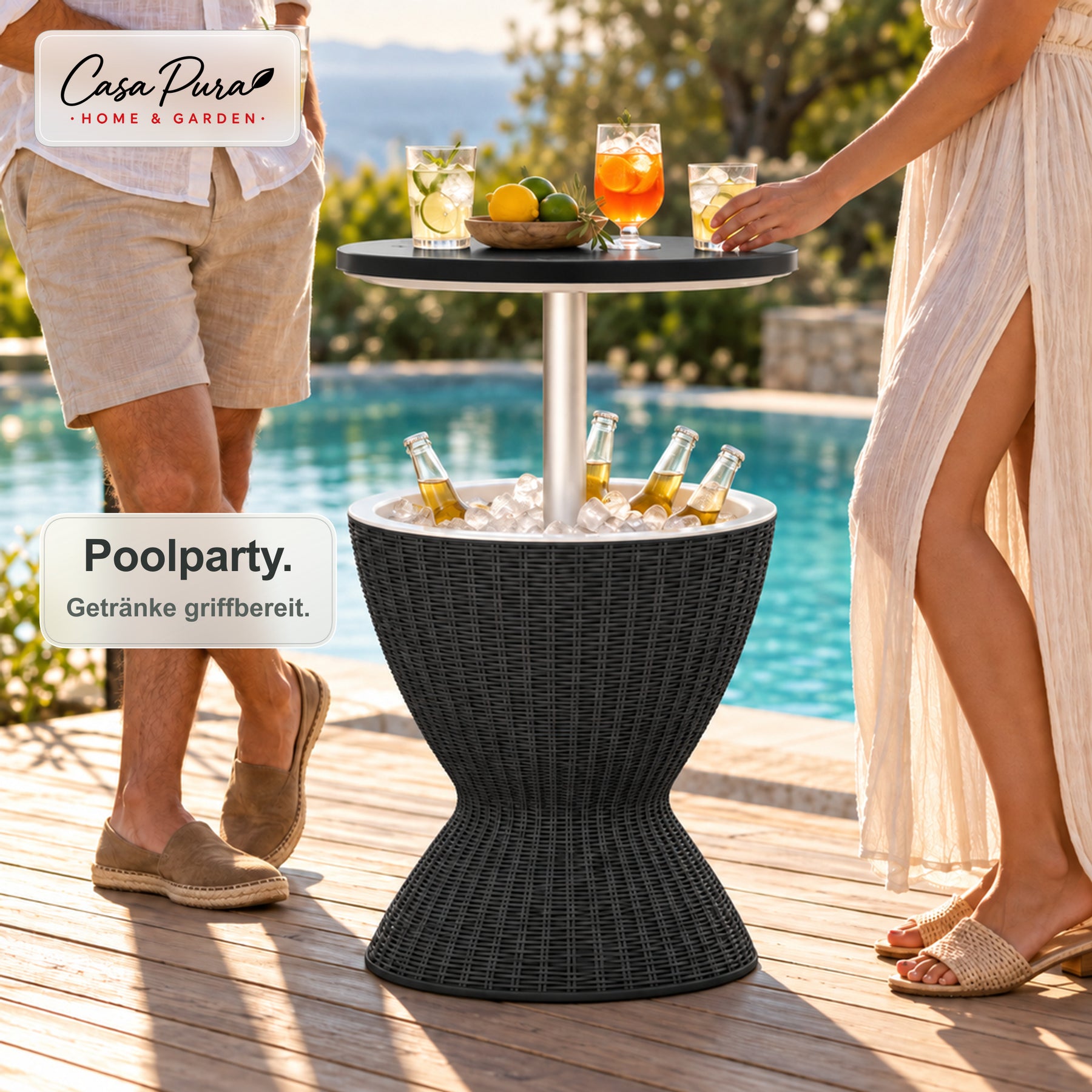 Getränkekühler Tisch | Capri | Höhenverstellbarer Gartentisch mit 30 L Kühlfach in Rattan-Optik | 2 Farben