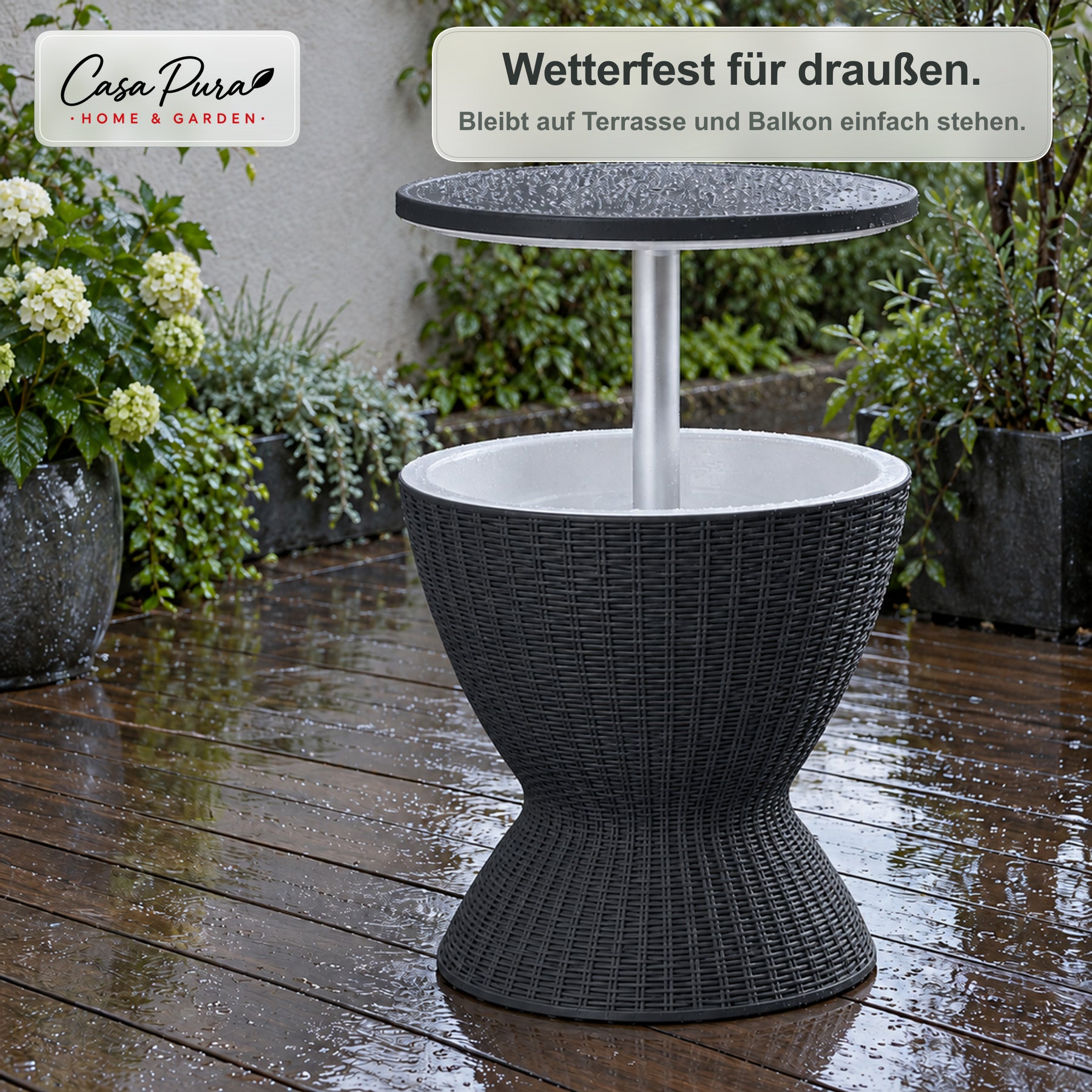 Getränkekühler Tisch | Capri | Höhenverstellbarer Gartentisch mit 30 L Kühlfach in Rattan-Optik | 2 Farben