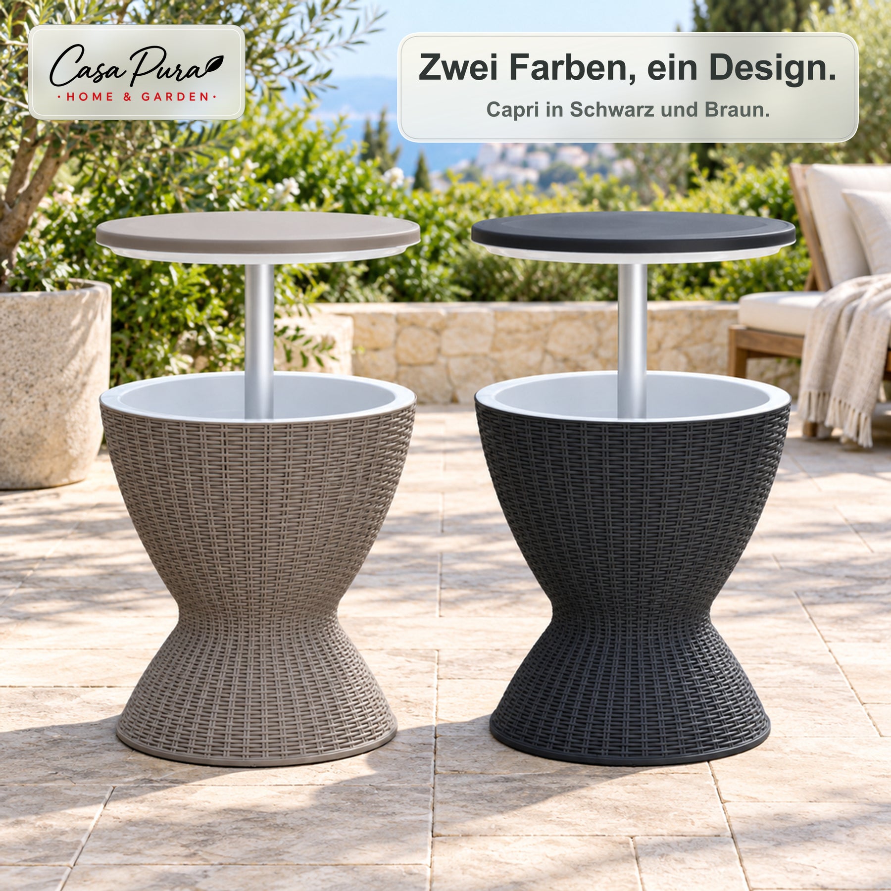Getränkekühler Tisch | Capri | Höhenverstellbarer Gartentisch mit 30 L Kühlfach in Rattan-Optik | 2 Farben