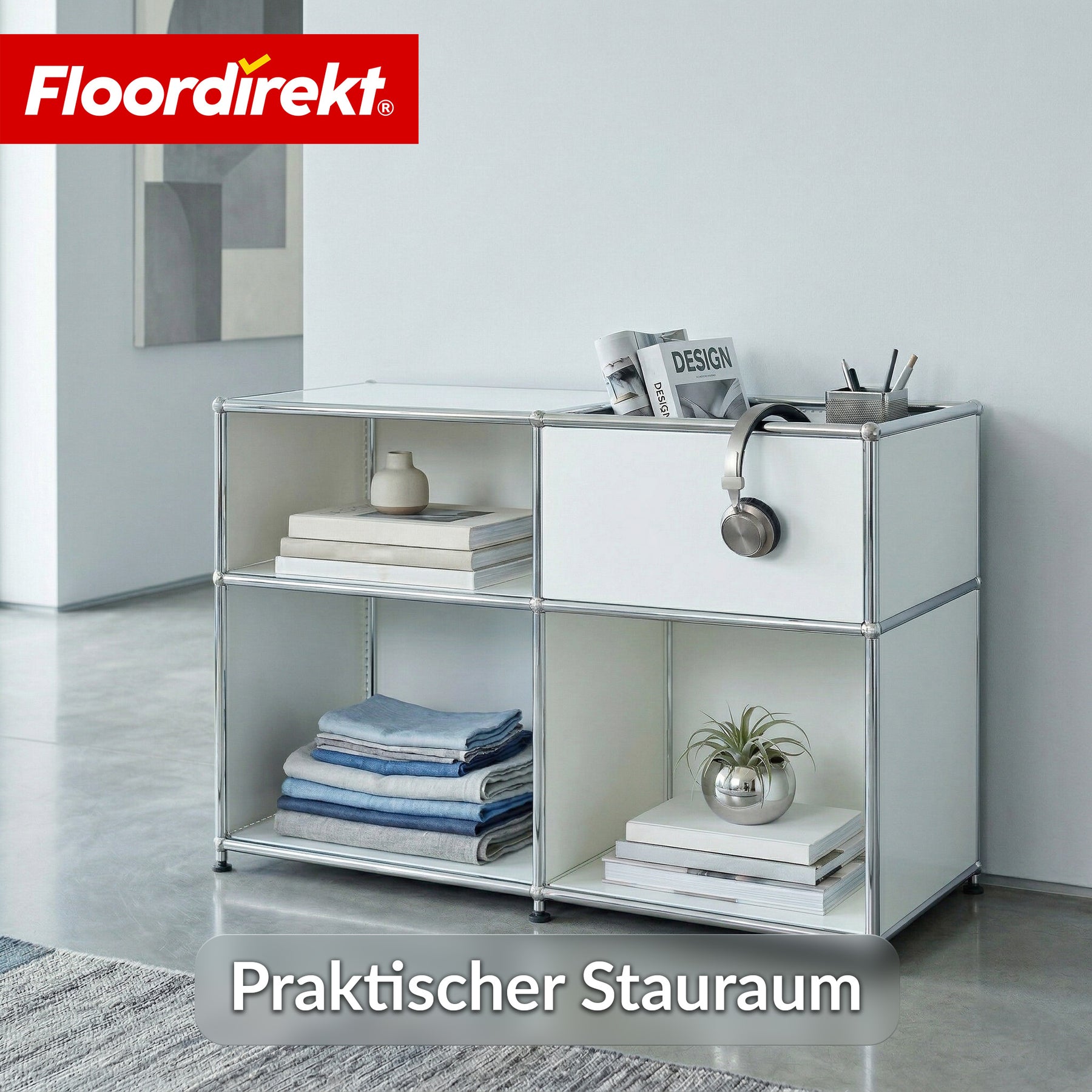 Metallregal | Concept Epure MK-030 | Standregal mit 3 Ablagen & Stauraumfach | Sideboard & Aufbewahrungsregal