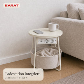 Beistelltisch | Dario | Runder Couchtisch mit 2 Steckdosen, 2 USB-A & Stauraumkorb | Ø 45 cm | 4 Farben