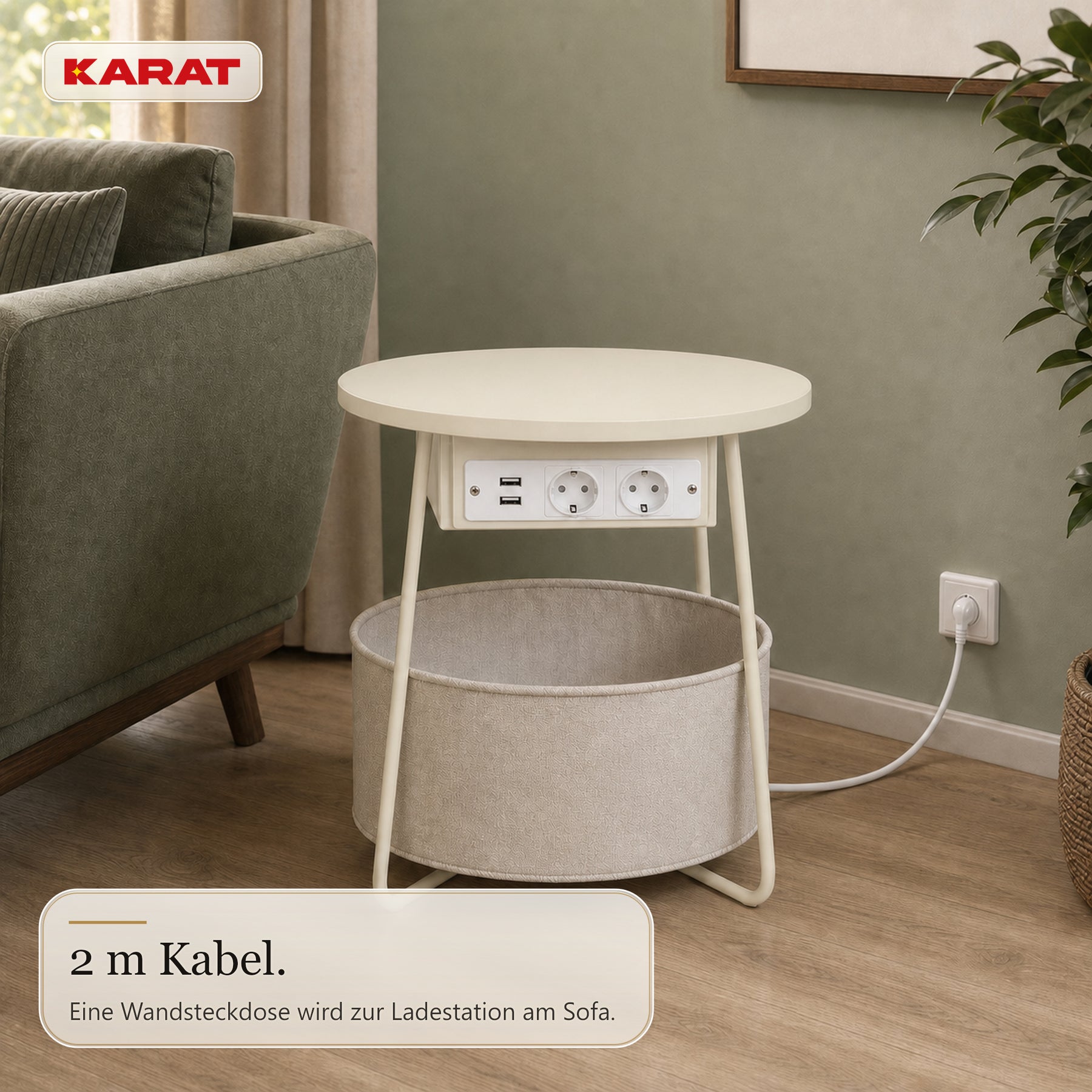 Beistelltisch | Dario | Runder Couchtisch mit 2 Steckdosen, 2 USB-A & Stauraumkorb | Ø 45 cm | 4 Farben