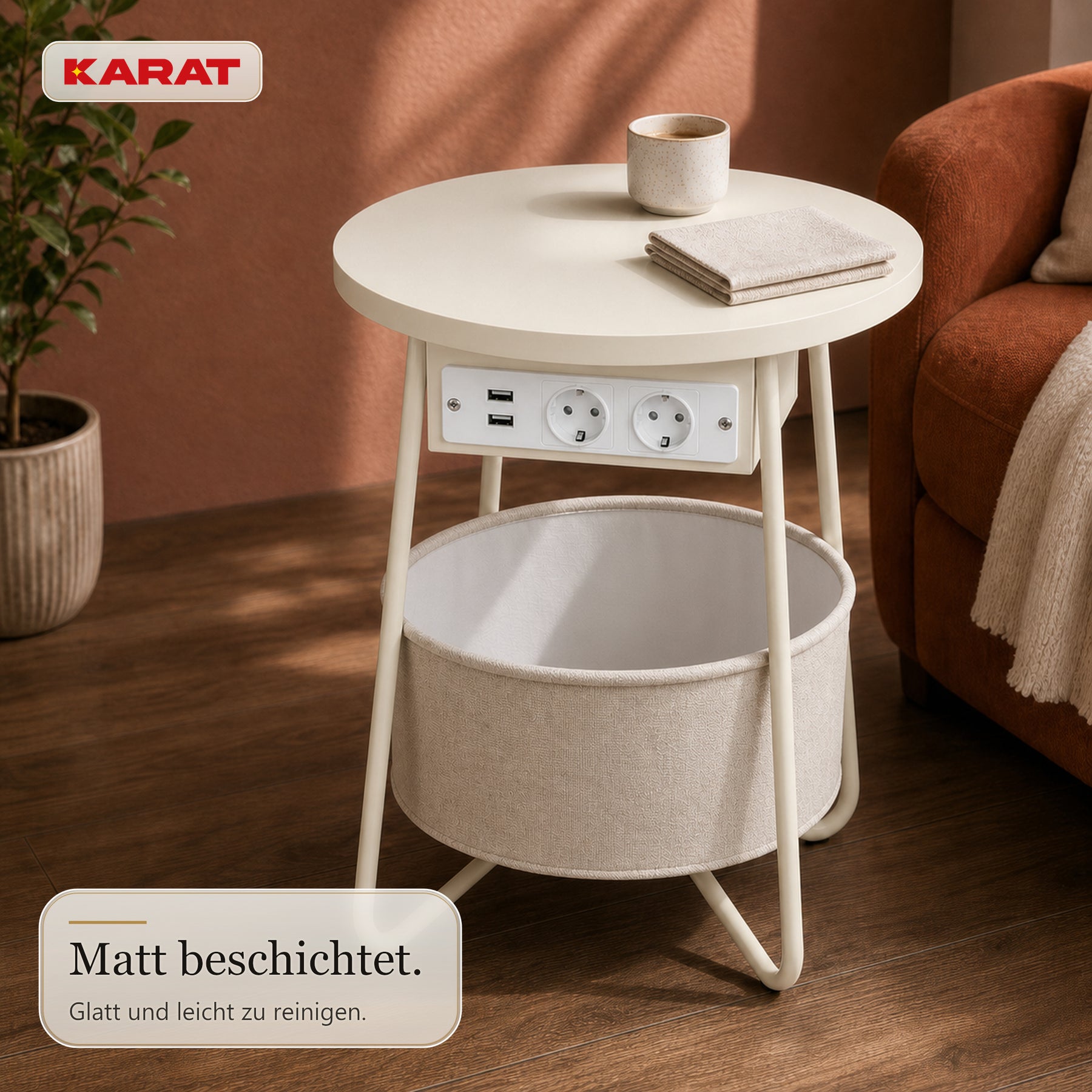 Beistelltisch | Dario | Runder Couchtisch mit 2 Steckdosen, 2 USB-A & Stauraumkorb | Ø 45 cm | 4 Farben