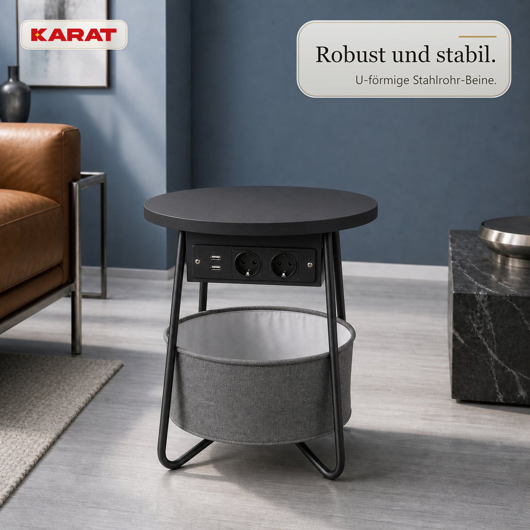 Beistelltisch | Dario | Runder Couchtisch mit 2 Steckdosen, 2 USB-A & Stauraumkorb | Ø 45 cm | 4 Farben