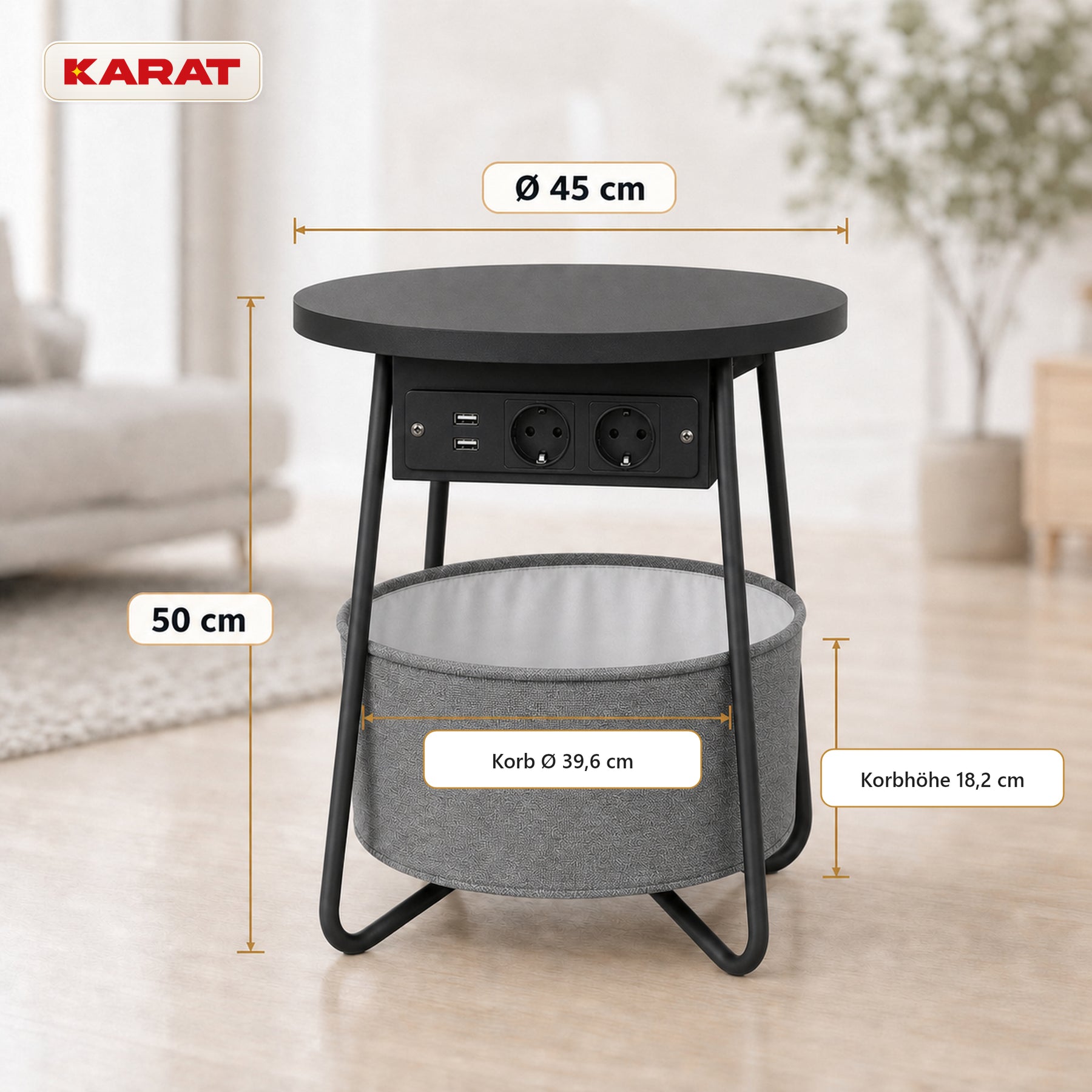 Beistelltisch | Dario | Runder Couchtisch mit 2 Steckdosen, 2 USB-A & Stauraumkorb | Ø 45 cm | 4 Farben
