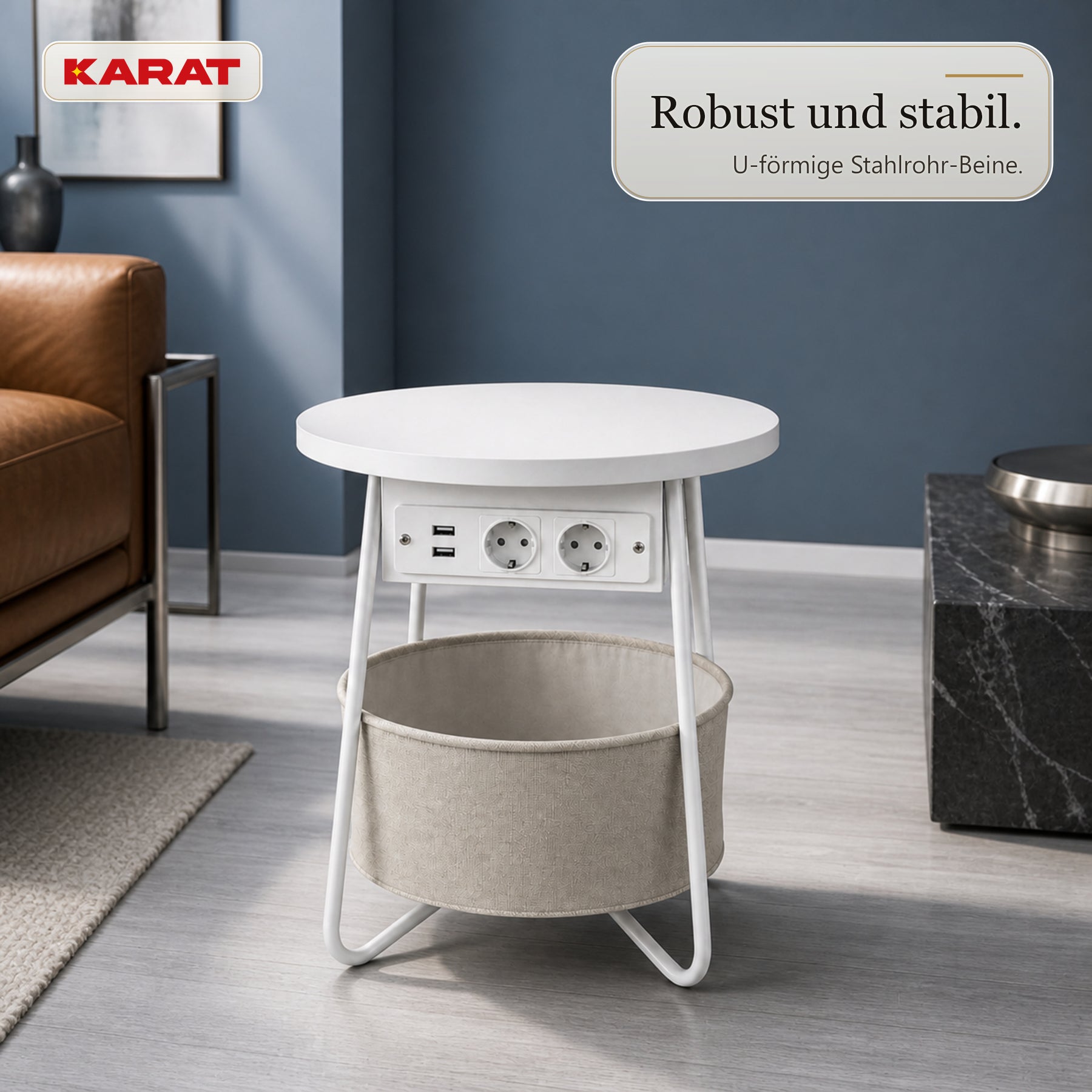 Beistelltisch | Dario | Runder Couchtisch mit 2 Steckdosen, 2 USB-A & Stauraumkorb | Ø 45 cm | 4 Farben