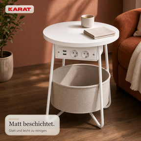 Beistelltisch | Dario | Runder Couchtisch mit 2 Steckdosen, 2 USB-A & Stauraumkorb | Ø 45 cm | 4 Farben