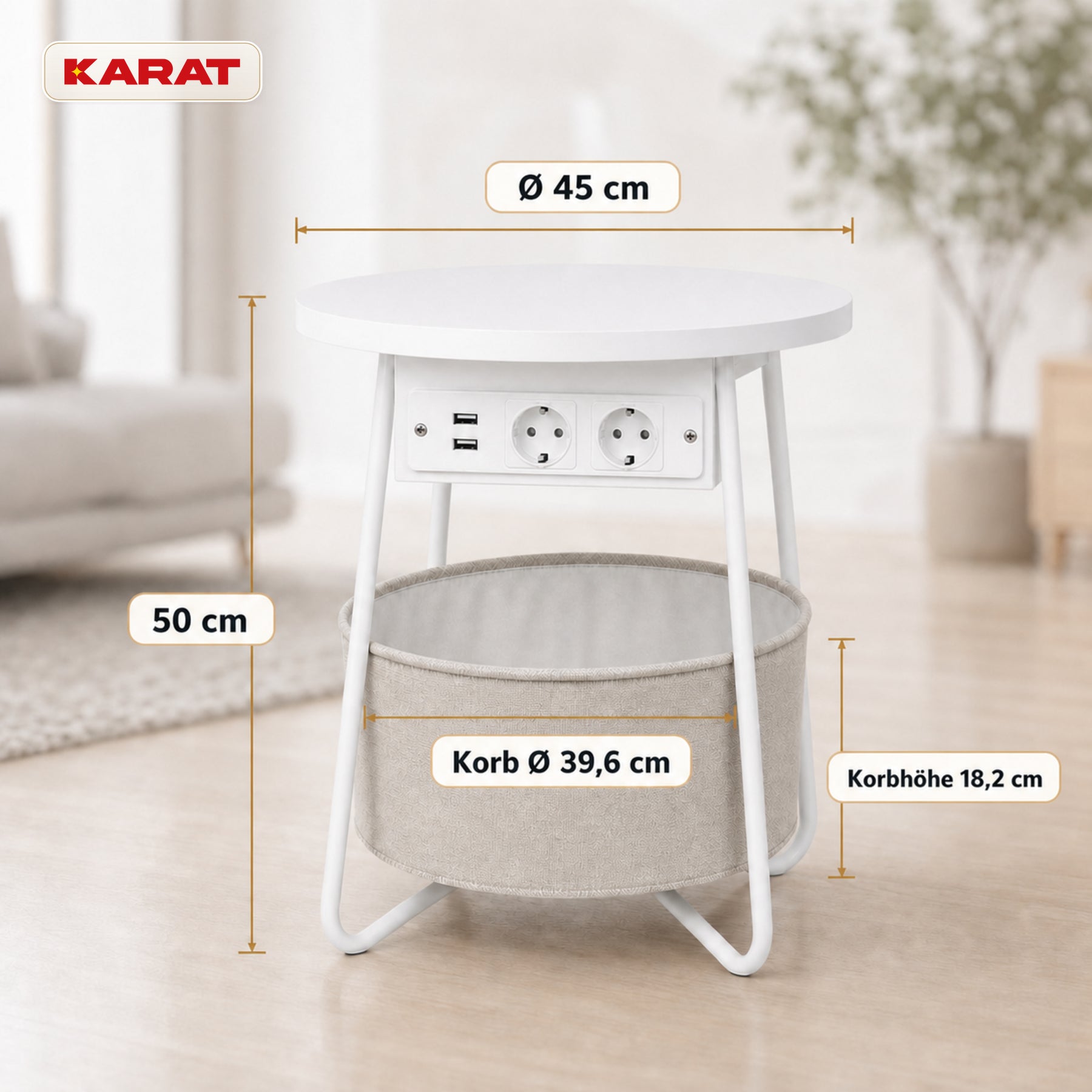 Beistelltisch | Dario | Runder Couchtisch mit 2 Steckdosen, 2 USB-A & Stauraumkorb | Ø 45 cm | 4 Farben