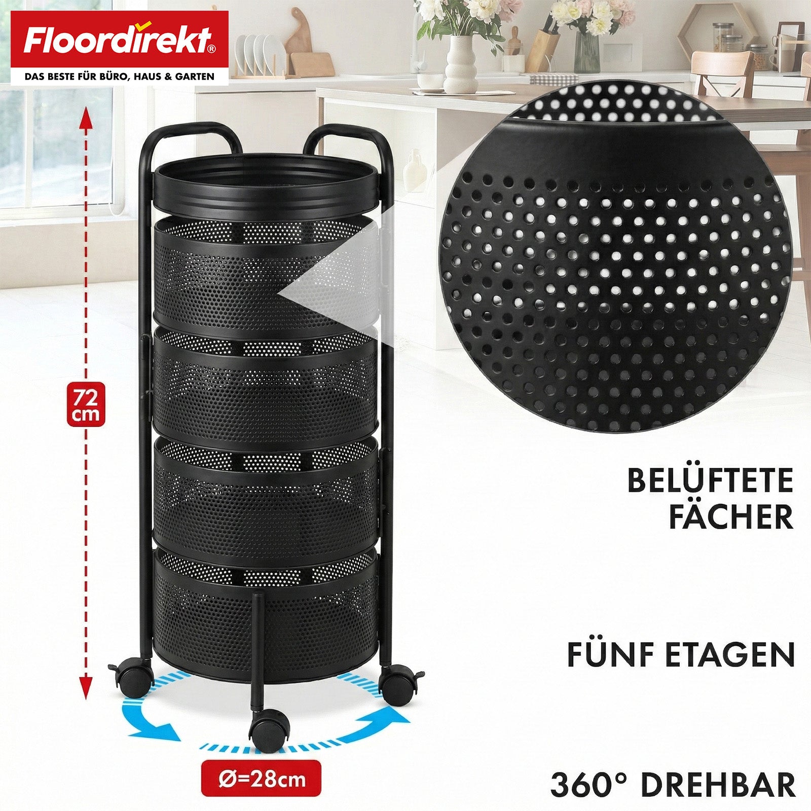 Rollwagen | Henry | Küchenwagen aus Stahl mit Rollen | Servierwagen | 3 oder 5 Etagen | Weiß & Schwarz