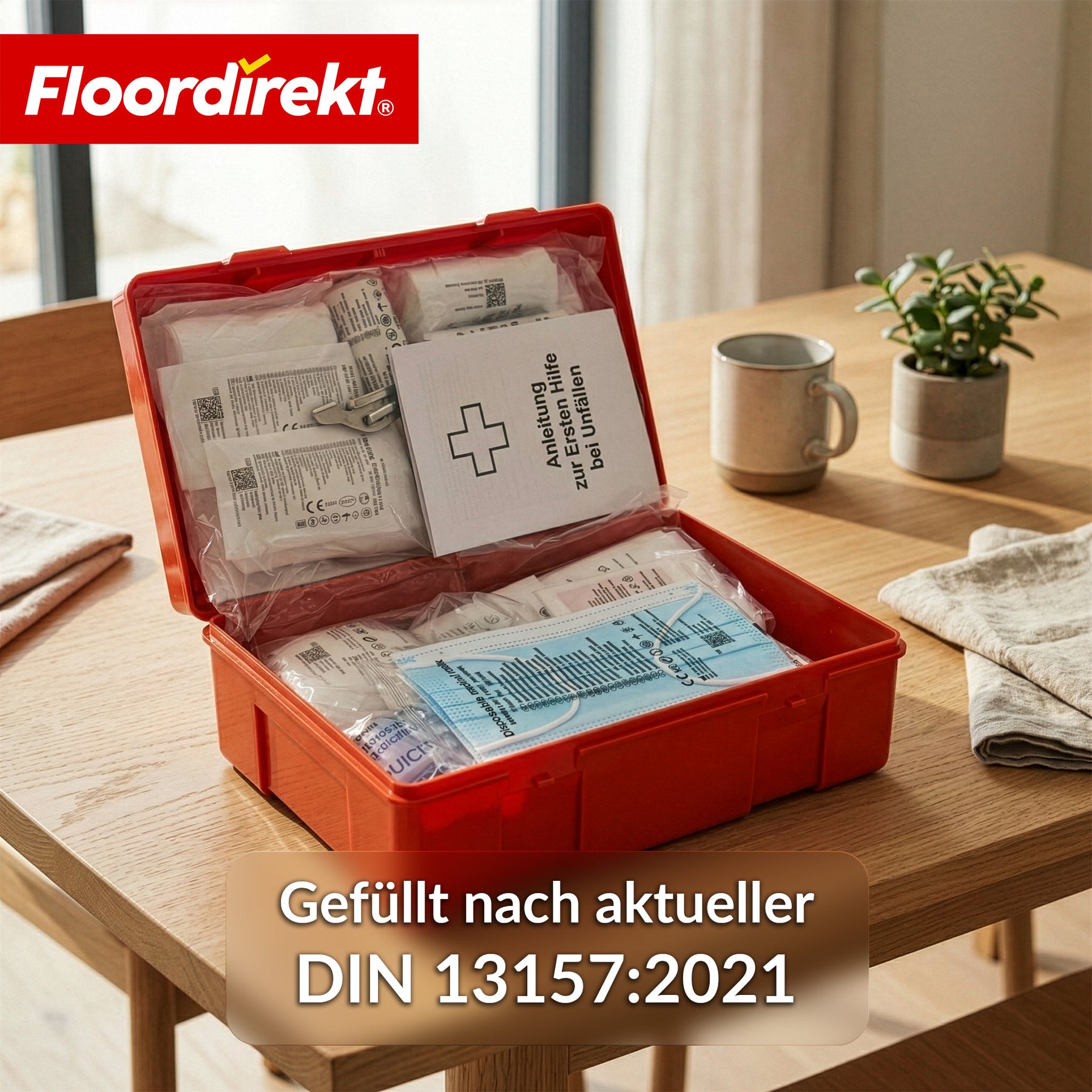 Erste-Hilfe-Koffer | DIN 13157:2021 | Verbandskasten mit Wandhalterung & ISO-Aufklebern