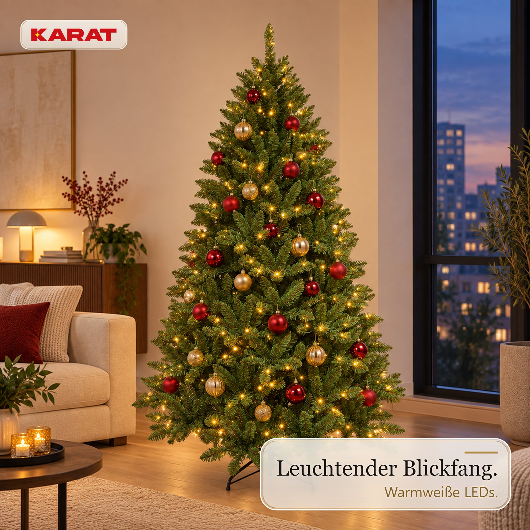 Künstlicher Weihnachtsbaum mit LED-Beleuchtung | Evergreen | Warmweiße LEDs & Metallständer | 150–240 cm