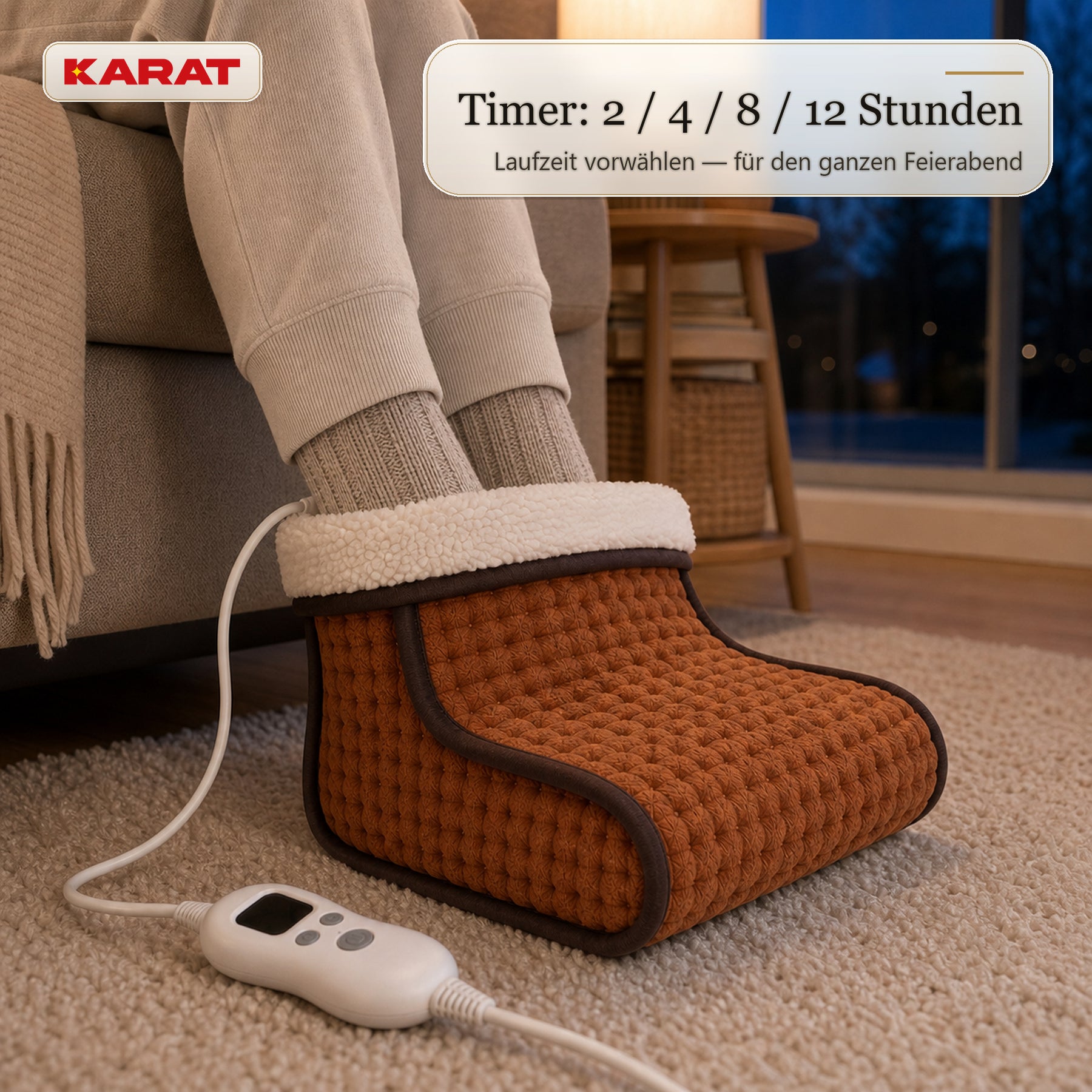 Elektrischer Fußwärmer | Fjord | 6 Heizstufen bis 55 °C, Timer & Sherpa-Futter | 4 Farben
