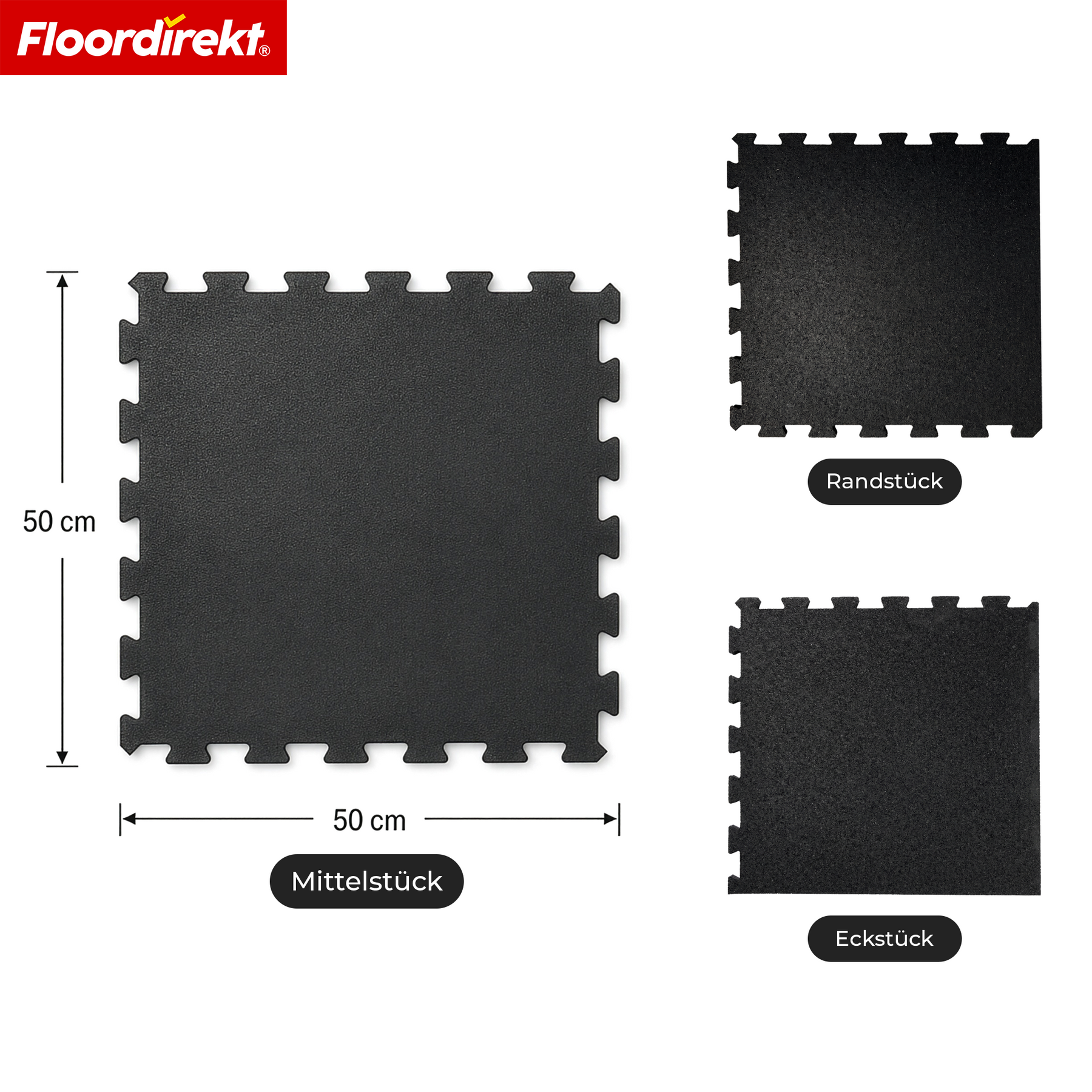 Gummi Steckmatte | Robuste Bodenschutzmatte für Fitnessgeräte & Arbeitsbereiche | 50 x 50 cm