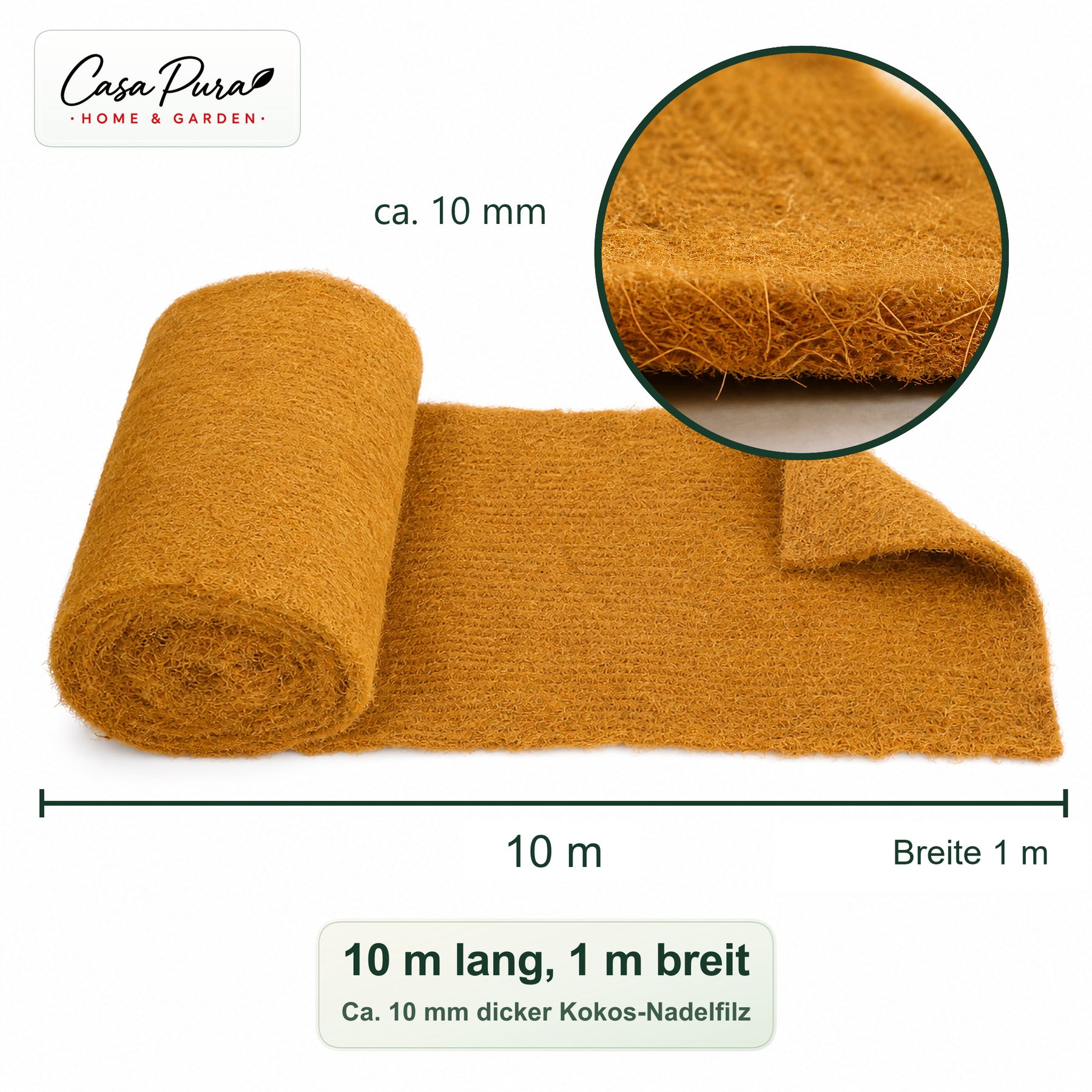 Kokosmatte 100 × 1000 cm | 10 m Rolle aus 100 % Kokosfaser | 10 mm stark