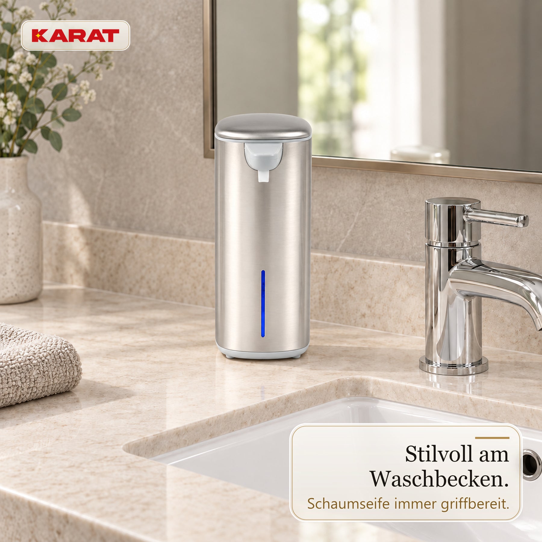 Automatischer Schaumseifenspender | Liora | Berührungsloser Seifenspender mit Sensor, USB-C-Akku & Edelstahl | 250 ml