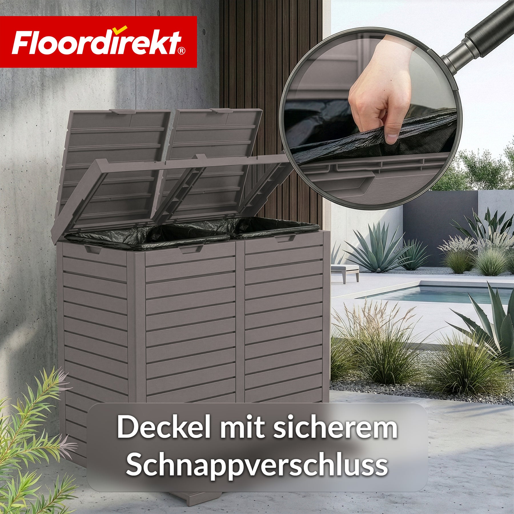 Outdoor Mülleimer in Holz-Optik | Wetterfester Müllbehälter für Garten & Terrasse | 118L / 230L